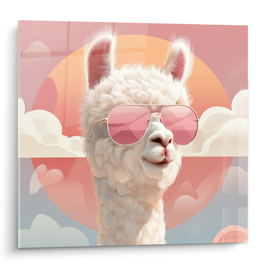 Cuadro de Llama Blanco con Gafas Rosas - Actitud Soleada - Edición Lama