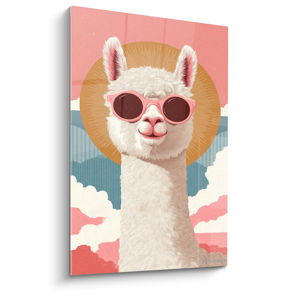 Tableau Lama blanc et rose disque solaire doré - Nuages en pointillés - Edition Lama