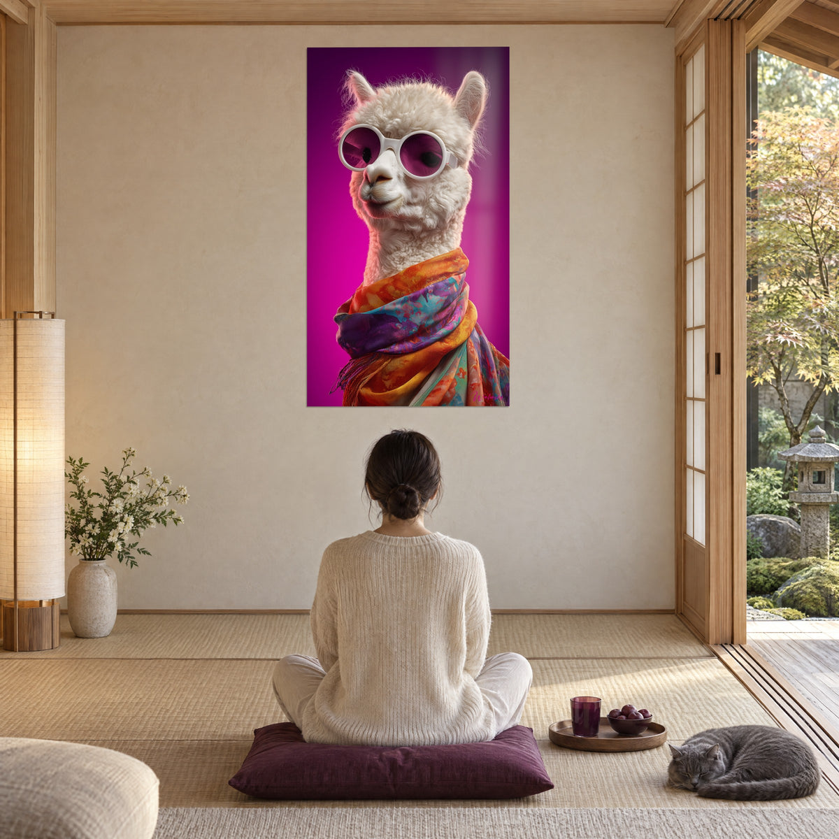 Schilderij pluizige lama met witte ronde montuur, oranje en paarse sjaal, fuchsia achtergrond, vrouw van achteren zittend en grijze kat, zen-ruimte