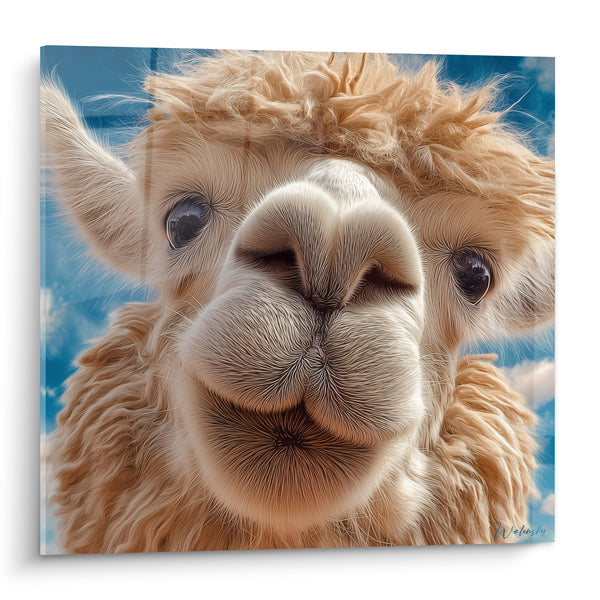 Tableau Lama beige au museau rapproché ciel bleu - Curiosité rapprochée - Edition Lama