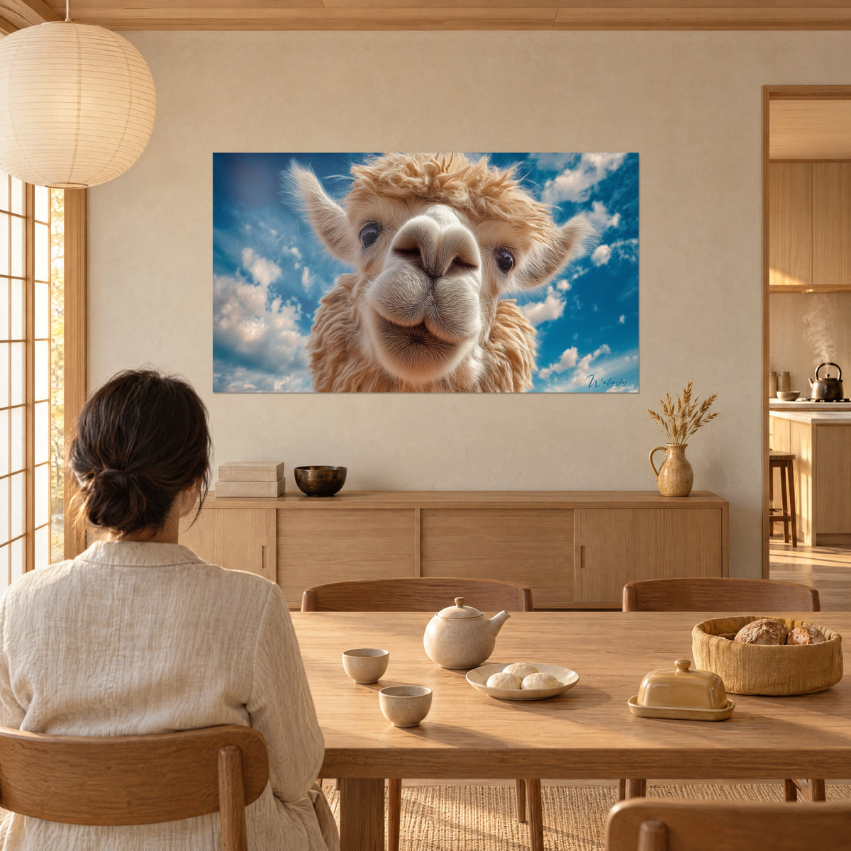 Wall art alpaca portrait with golden streaks, ivory muzzle close-up, cloud-speckled sky, Japandi dining room