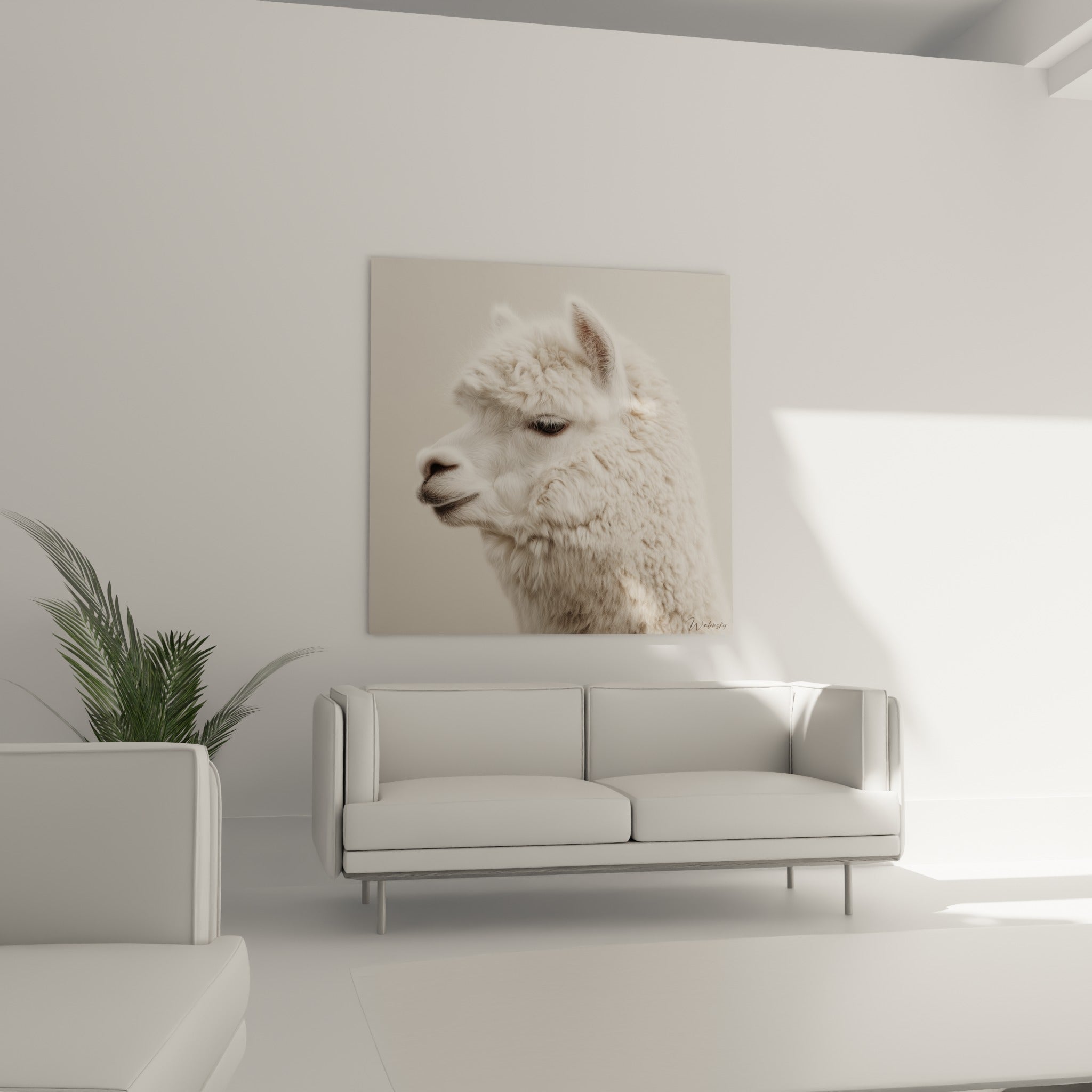Tête de lama blanc au museau doux et oreilles dressées, suspendue au-dessus d'un canapé dans un salon lumineux