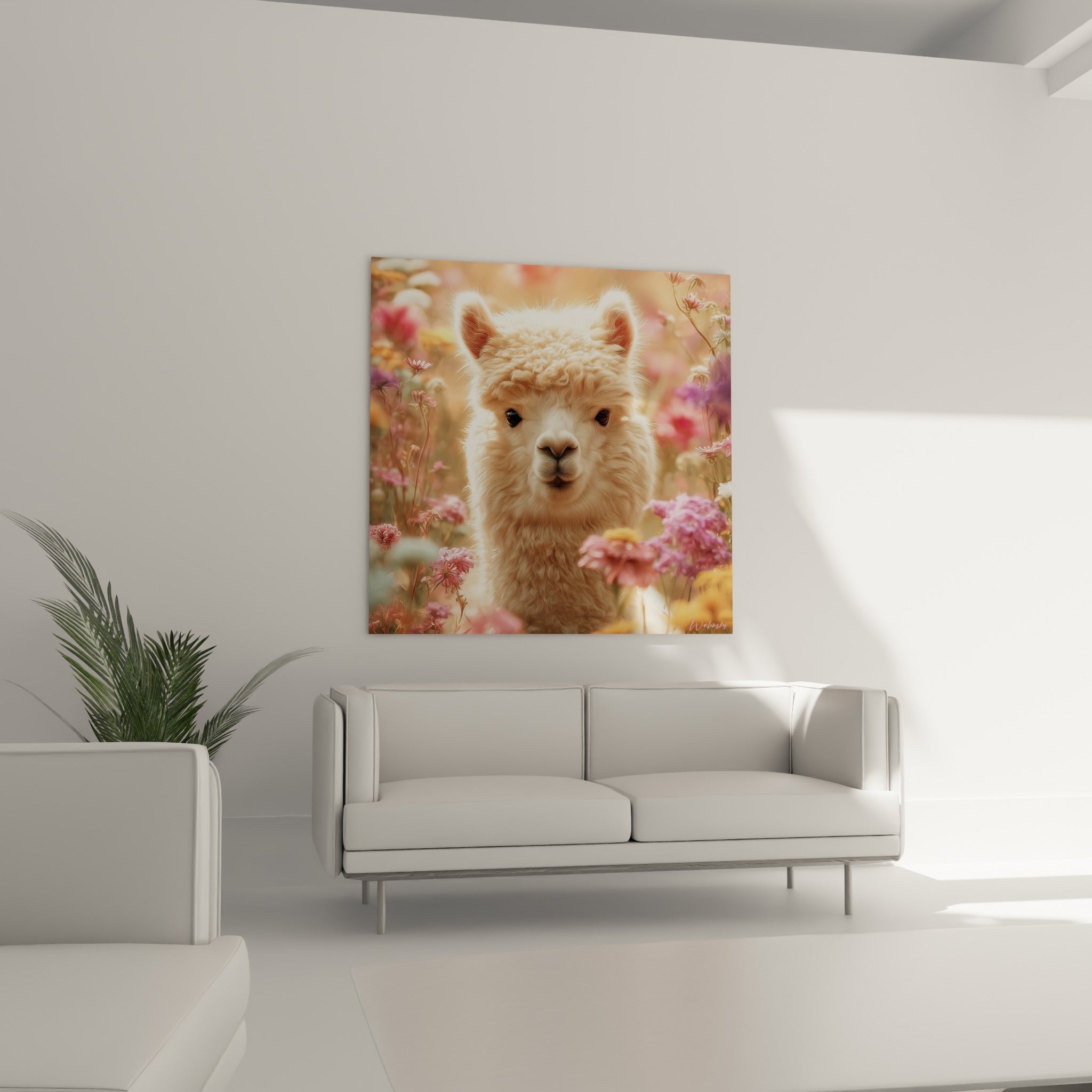Museau doux du lama crème dans un champ fleuri rose et mauve, au-dessus d'un canapé dans un salon lumineux