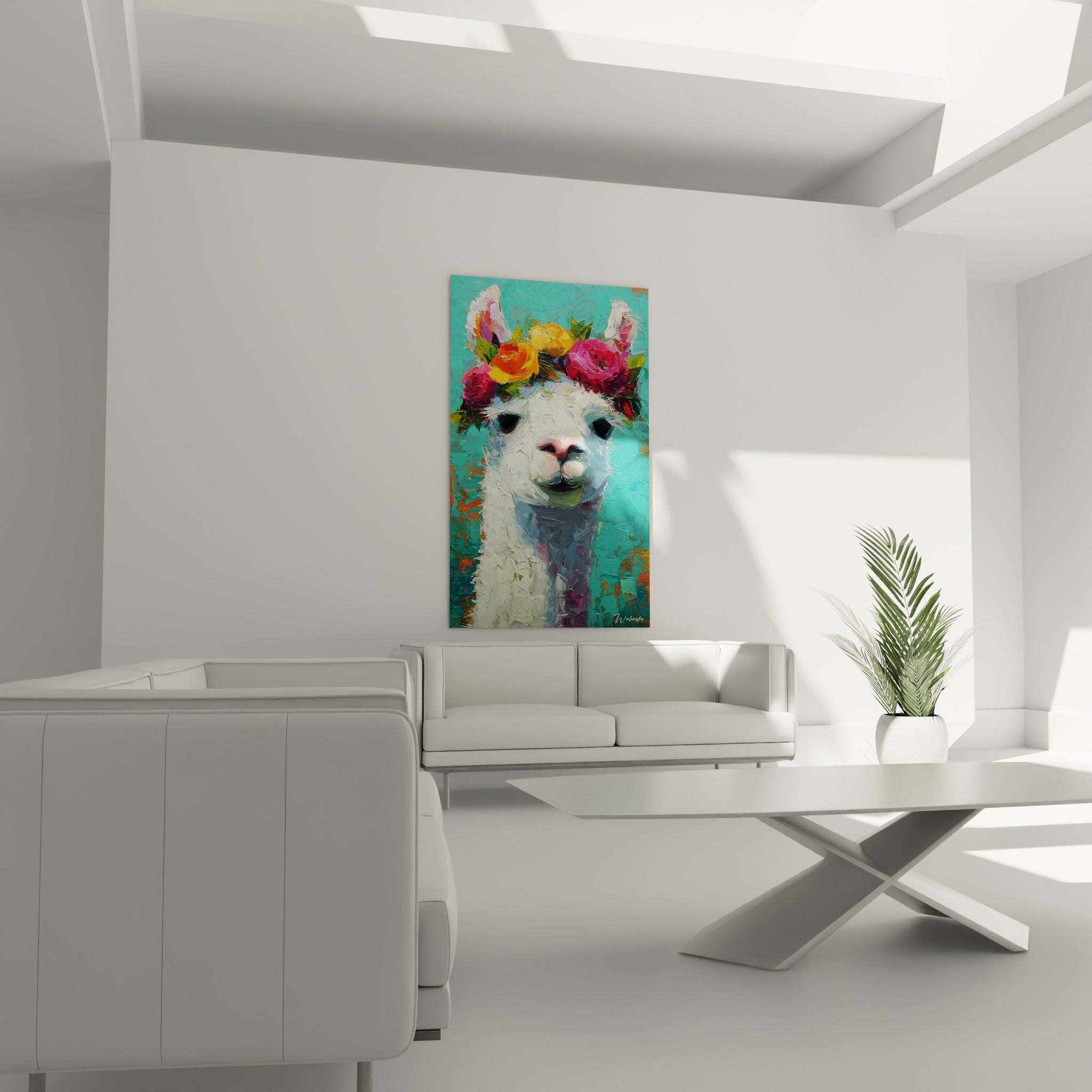 Museau rosé du lama sous une couronne florale jaune et rouge, au-dessus d'un canapé dans un salon lumineux