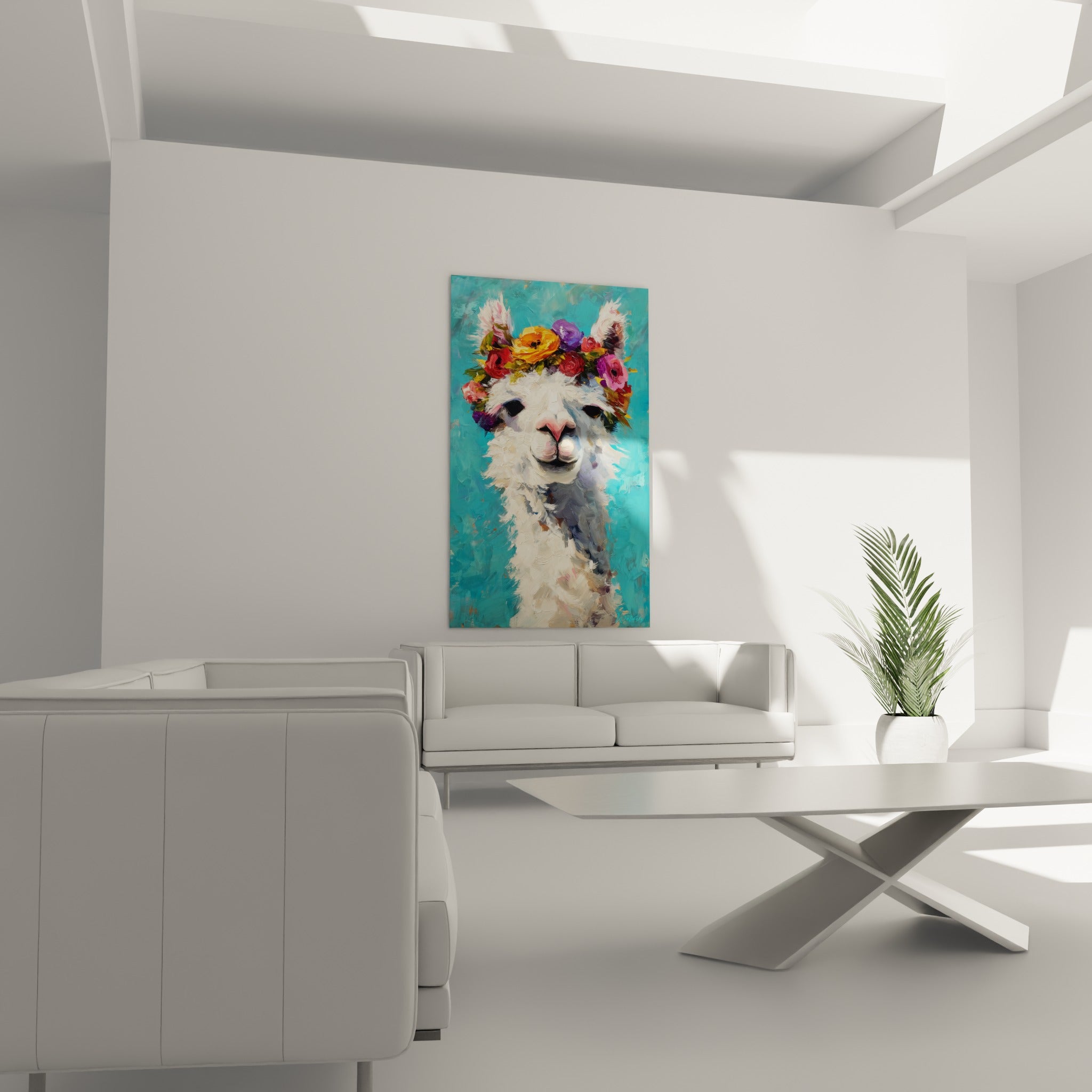 Couronne florale orangée et violette ornant ce lama blanc au-dessus d'un canapé dans un salon lumineux