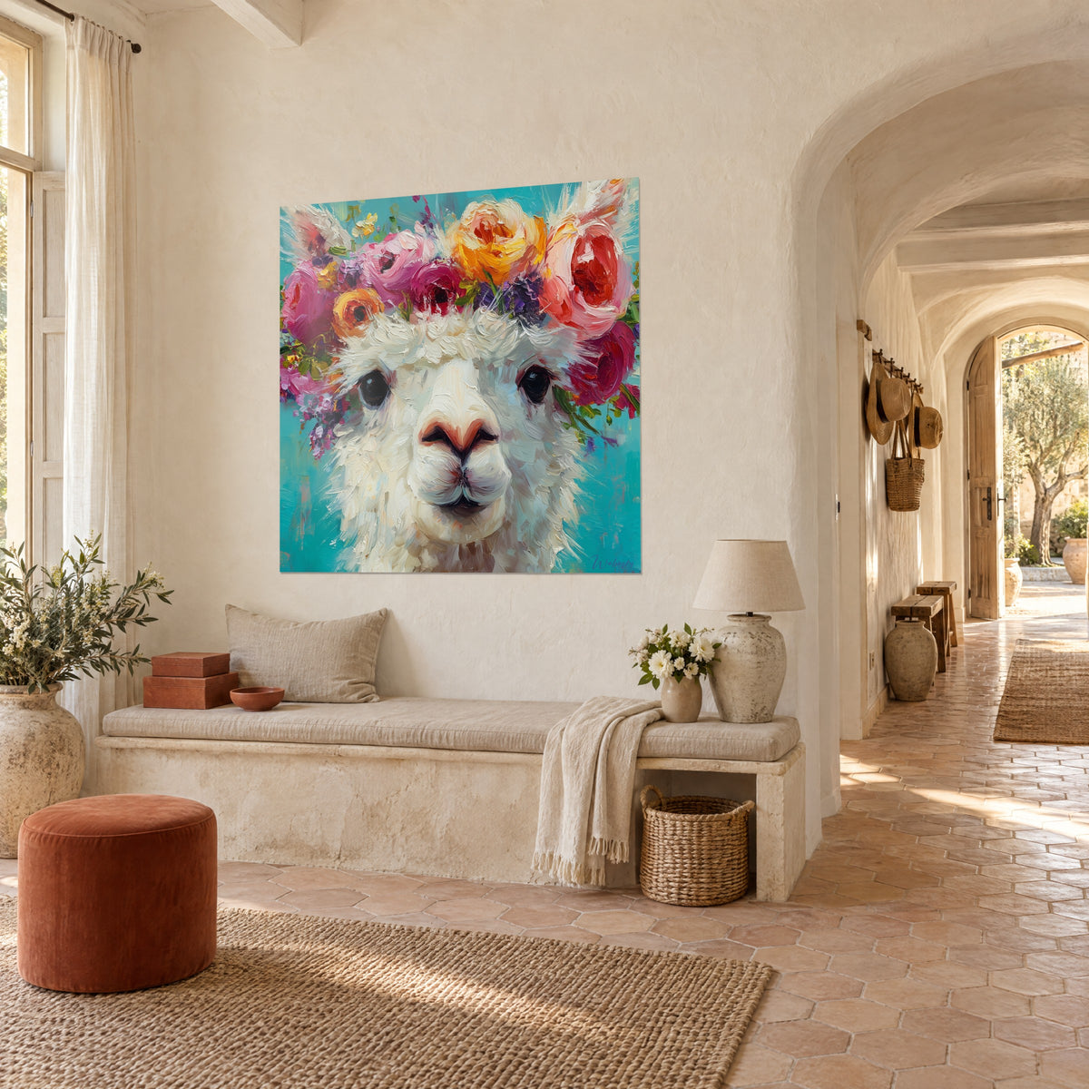 Quadro lama lanoso dal vello avorio, fiori magenta e giallo zafferano, muro imbiancato e arco di un casolare provenzale