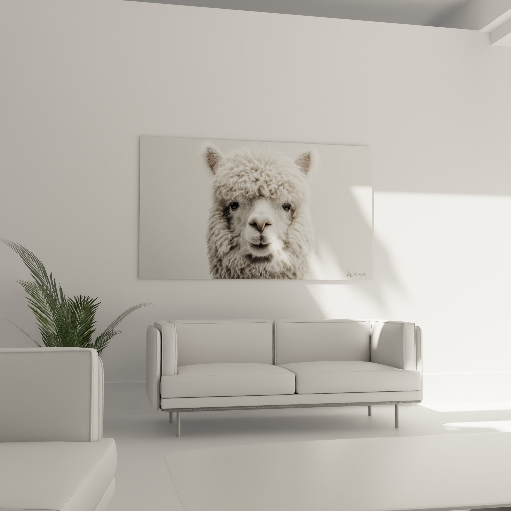 Lama à fourrure ivoire et grise, regard doux et pénétrant, placé au-dessus d'un canapé dans un salon lumineux
