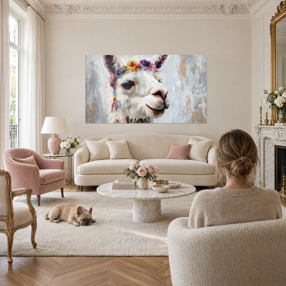 Wall art llama with ivory fleece and purple flowers on its forehead, grey background, above a sofa in a bright living room
