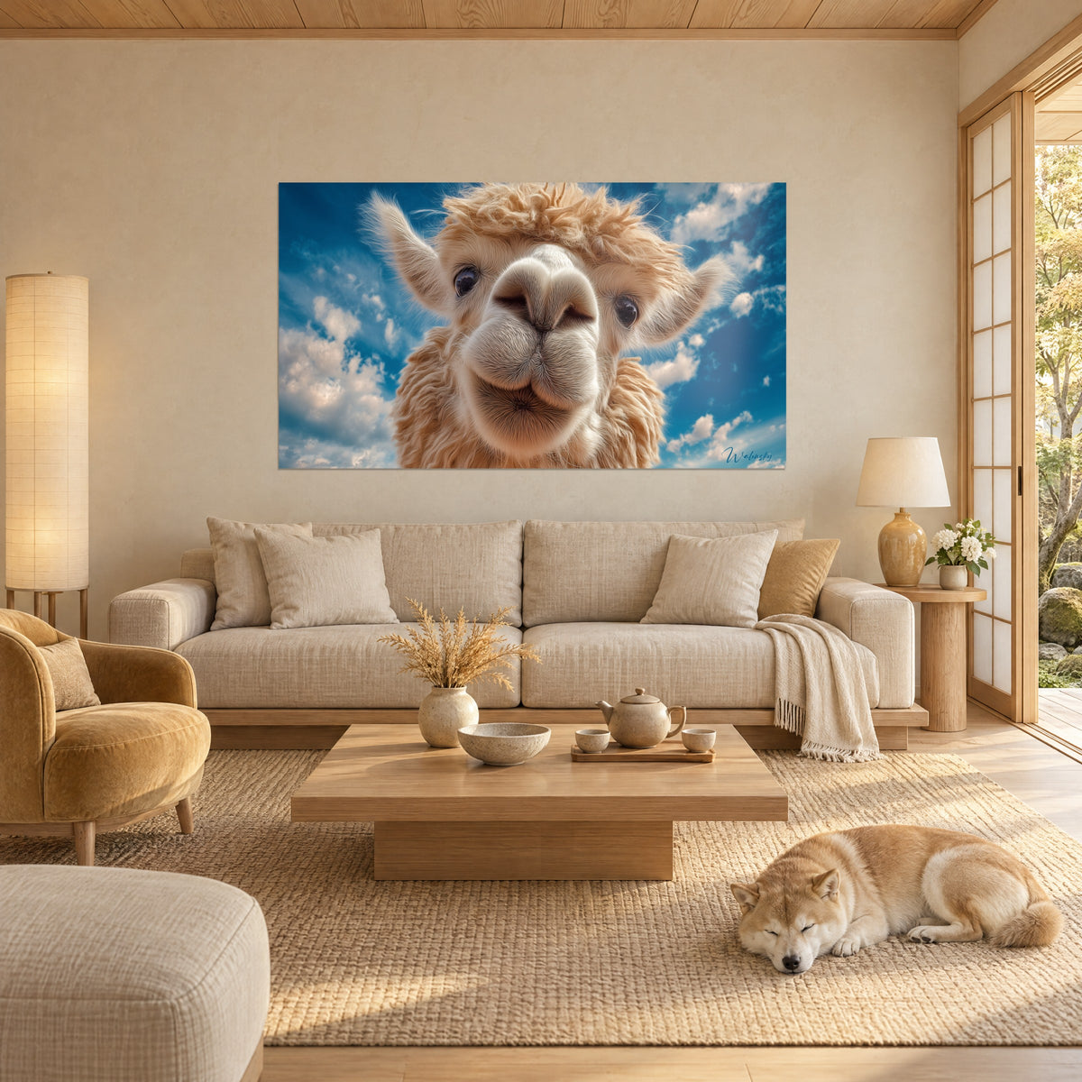 Wall art beige llama with curly fleece, dark eyes, blue and white cloudy sky, above a sofa in a bright living room