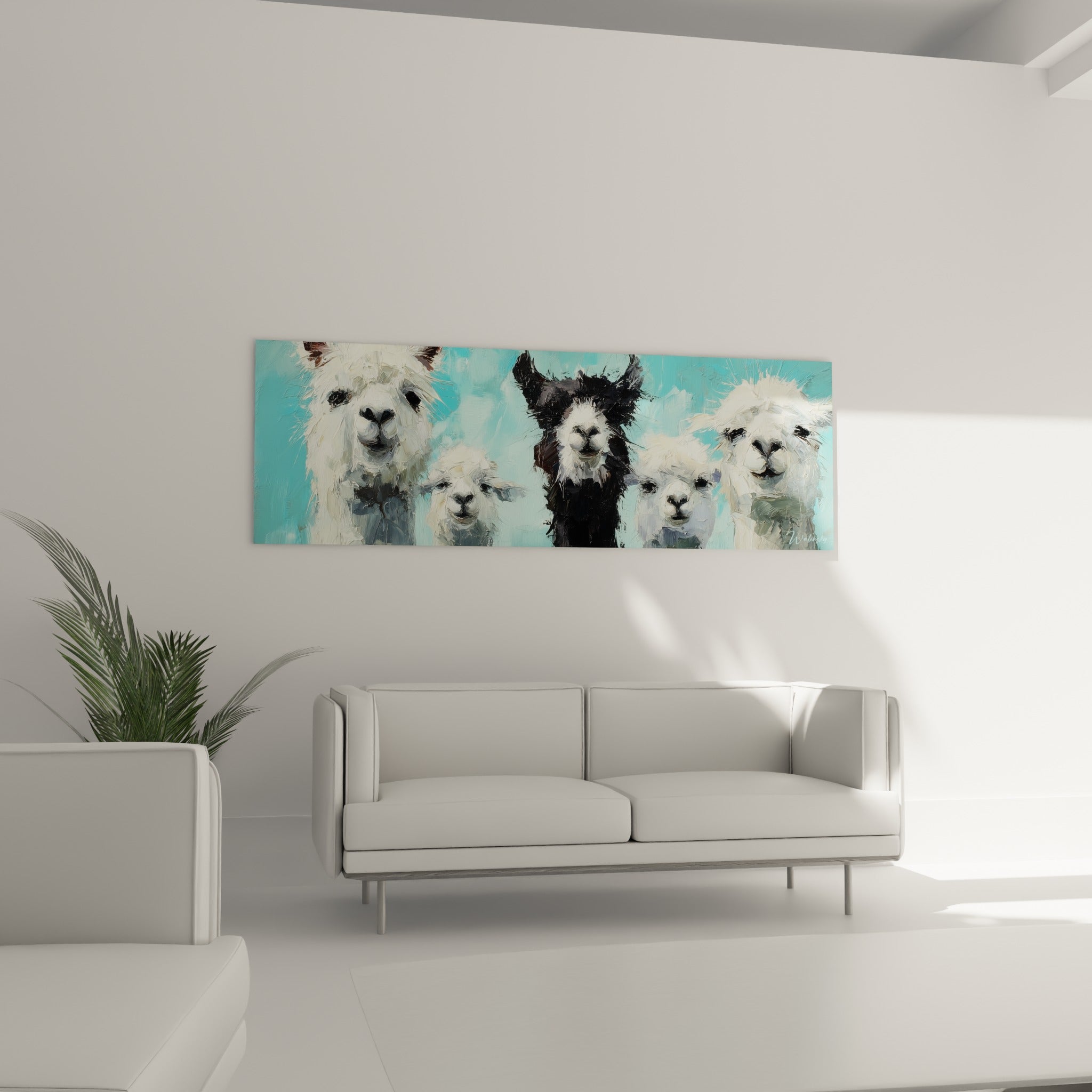 Lamas blancs et noir aux museaux détaillés sur fond bleu turquoise, au-dessus d'un canapé dans un salon lumineux