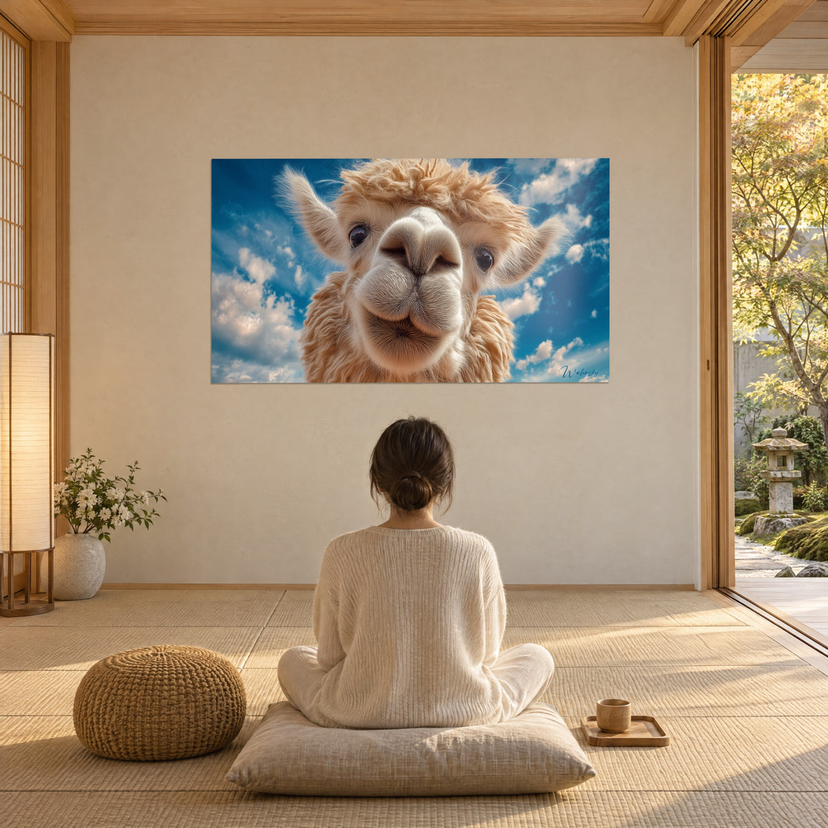 Wall art playful llama with ochre wool, tender white muzzle, turquoise sky and white clouds, open Japandi room overlooking the garden