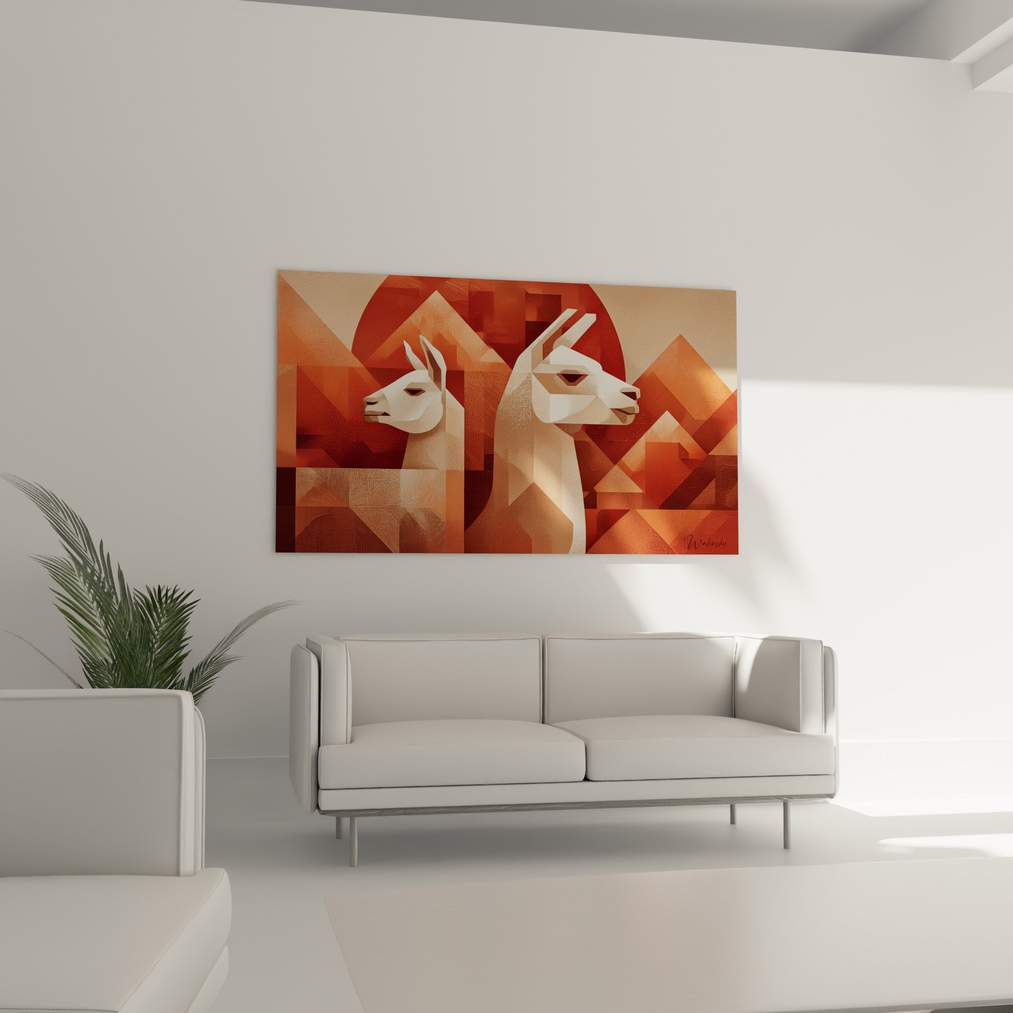 Silhouettes de lamas ocre et rouille aux formes cubistes, installées au-dessus d'un canapé dans un salon lumineux