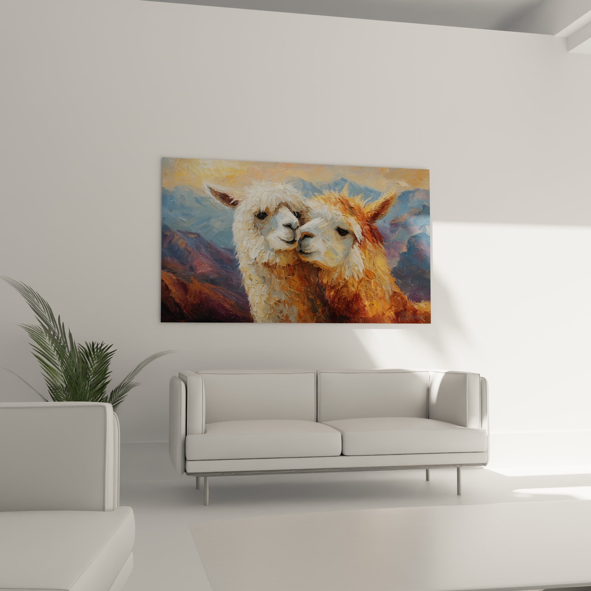 Deux têtes de lamas ocre et blanc peintes à l'huile au-dessus d'un canapé dans un salon lumineux