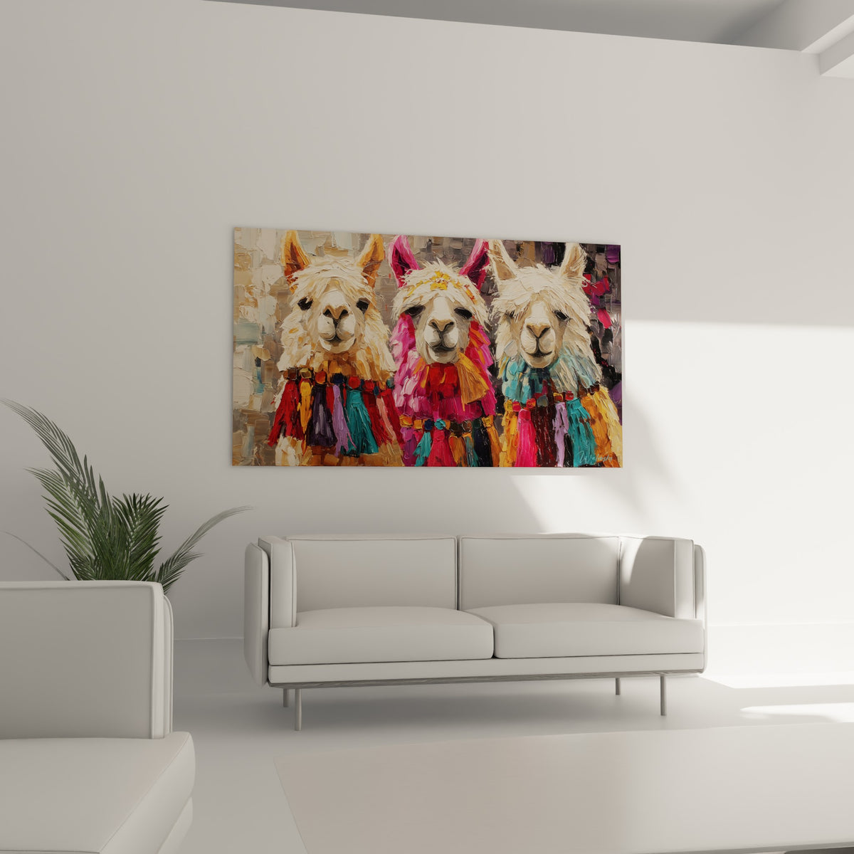 Trio de lamas parés d'ornements dorés et pourpres, au-dessus d'un canapé dans un salon lumineux