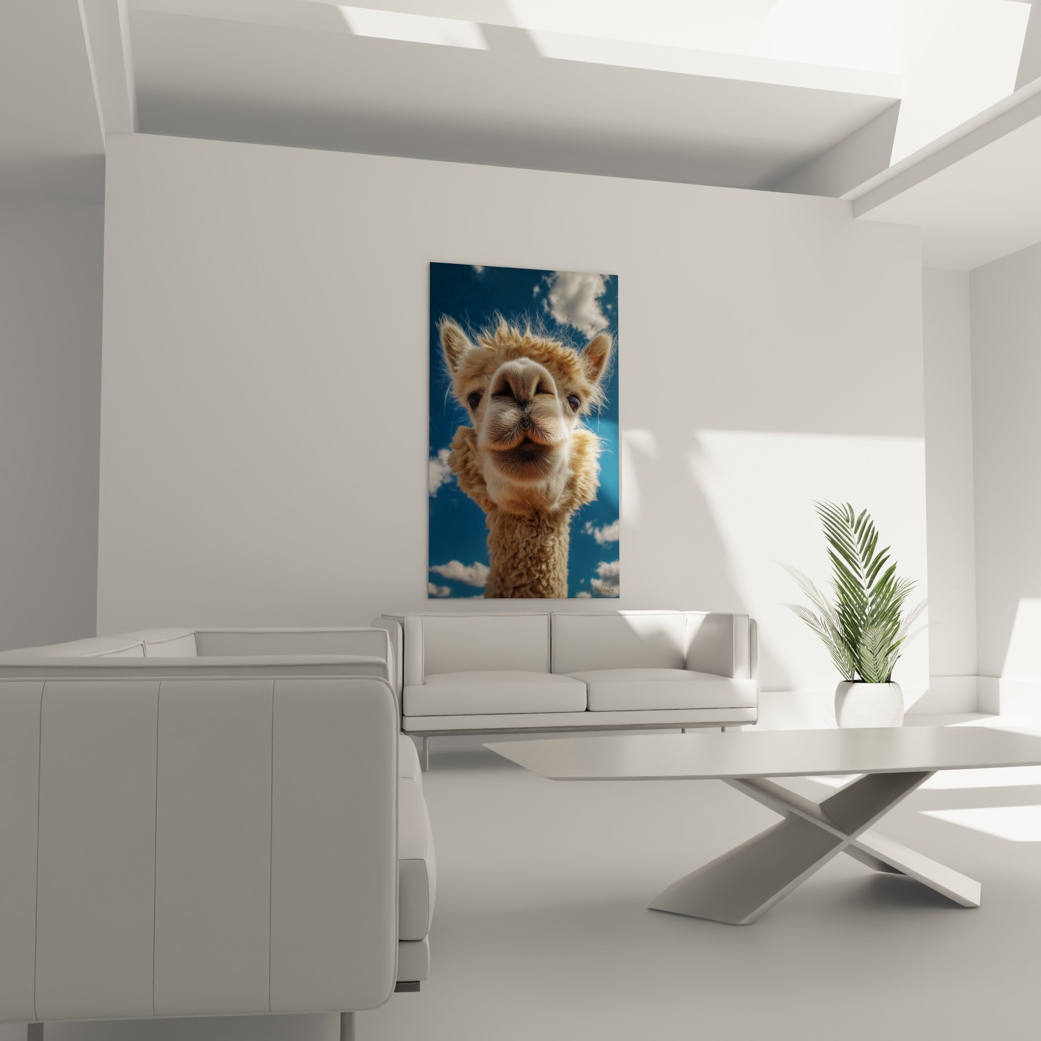 Pelage bouclé du lama ocre et ciel bleu marine au-dessus d'un canapé dans un salon lumineux