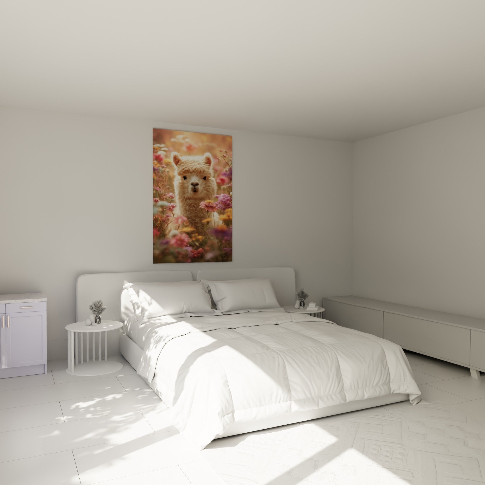 Portrait de lama fleuri en tons roses et crème, accroché au-dessus d'un lit dans une chambre claire
