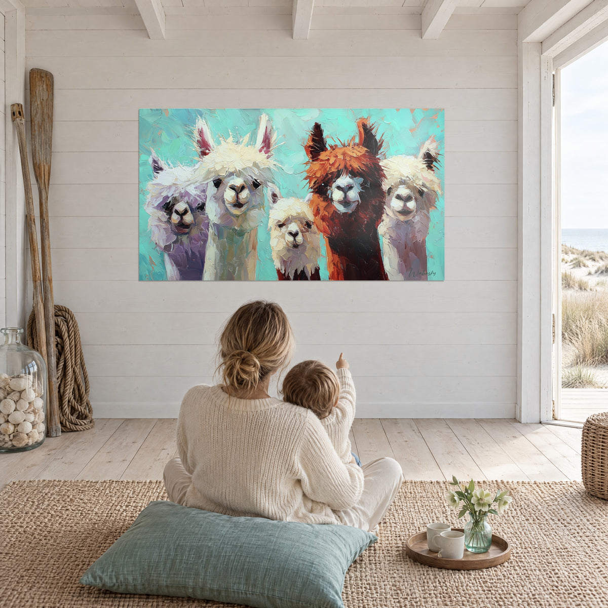 Gemälde eines Quintetts lustiger Lamas mit elfenbeinfarbenem und leuchtend rotbraunem Fell auf Türkis, weiße Lattenwand gegenüber dem Meer