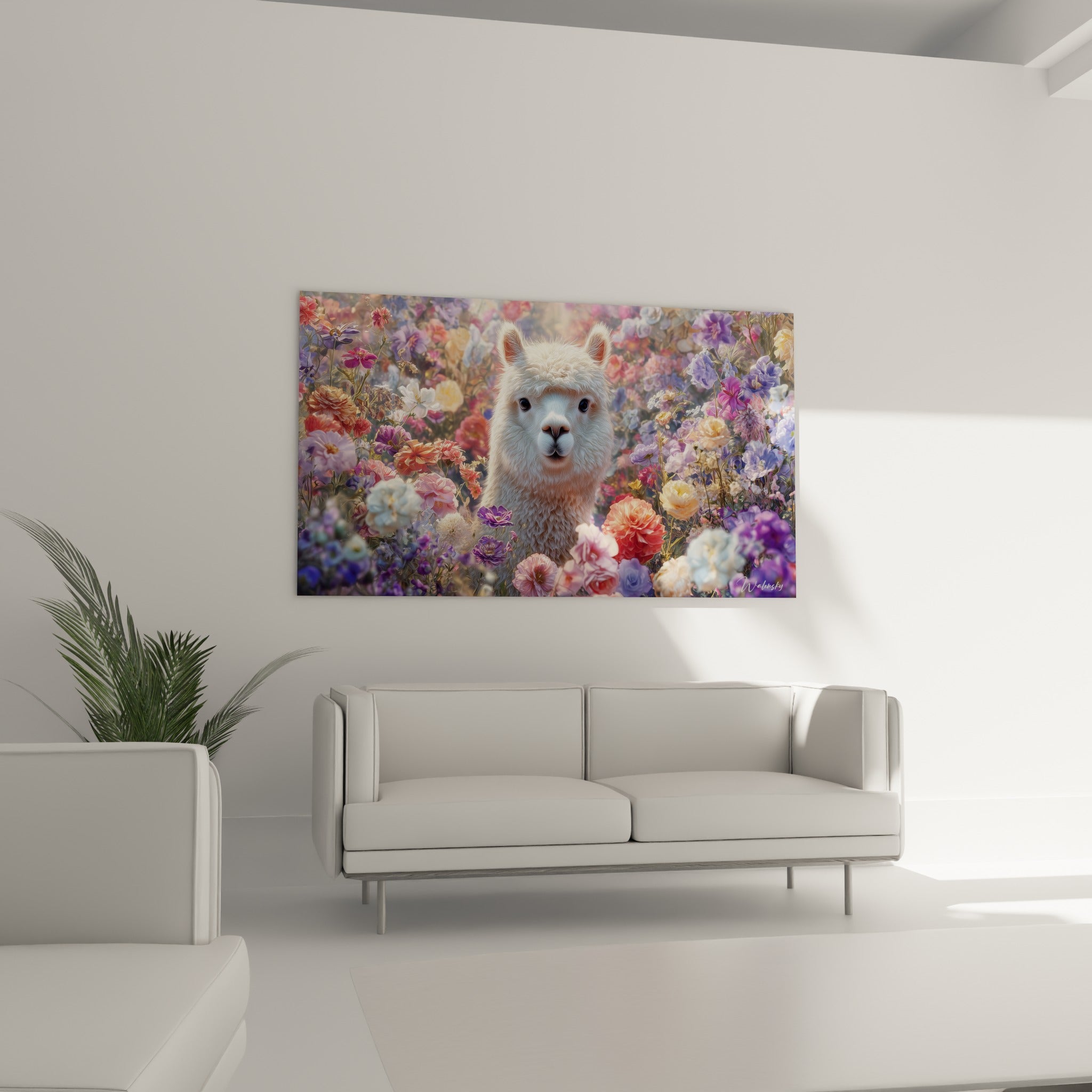 Pivoines roses et fleurs violettes encadrant un lama blanc, suspendu au-dessus d'un canapé dans un salon lumineux