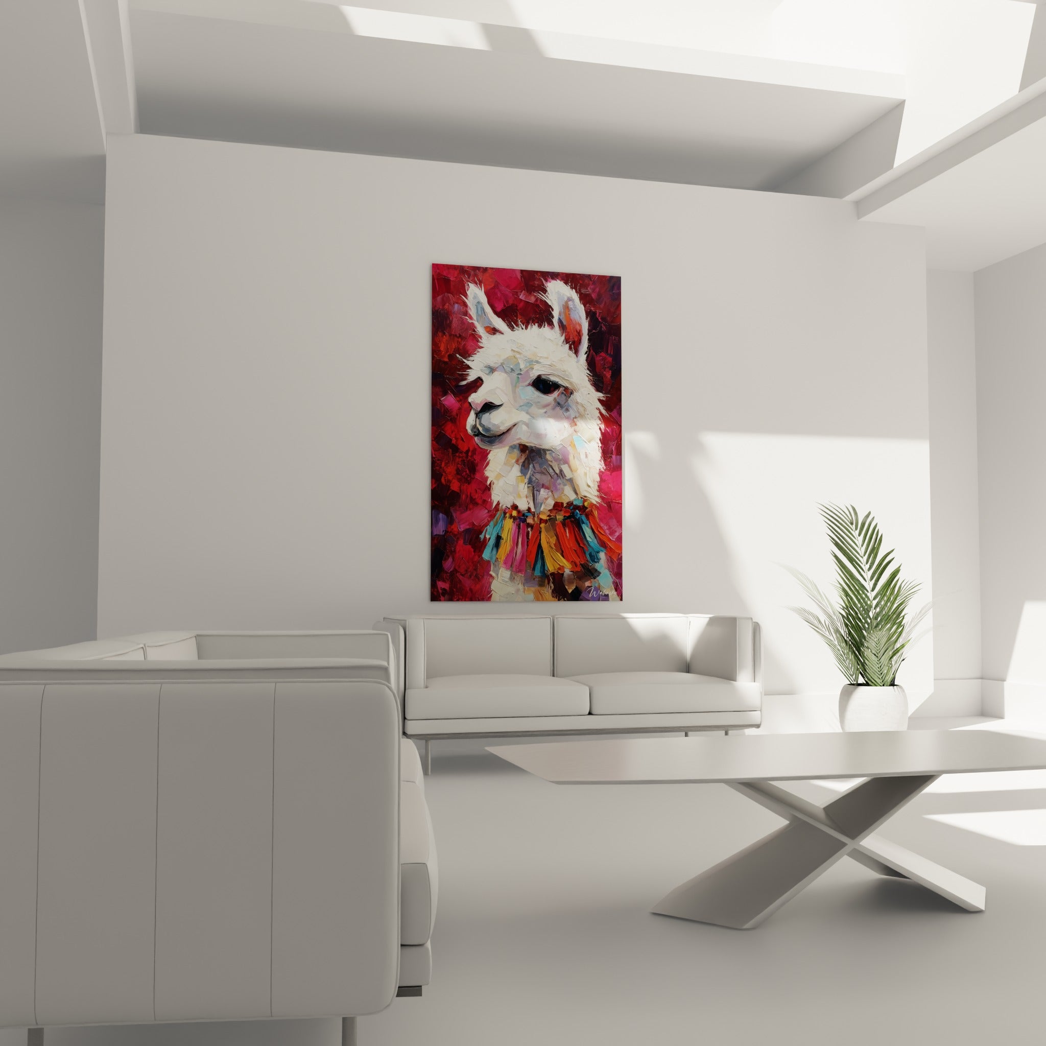 Lama souriant paré de teintes fuchsia et bleu pastel accroché au-dessus d'un canapé dans un salon lumineux