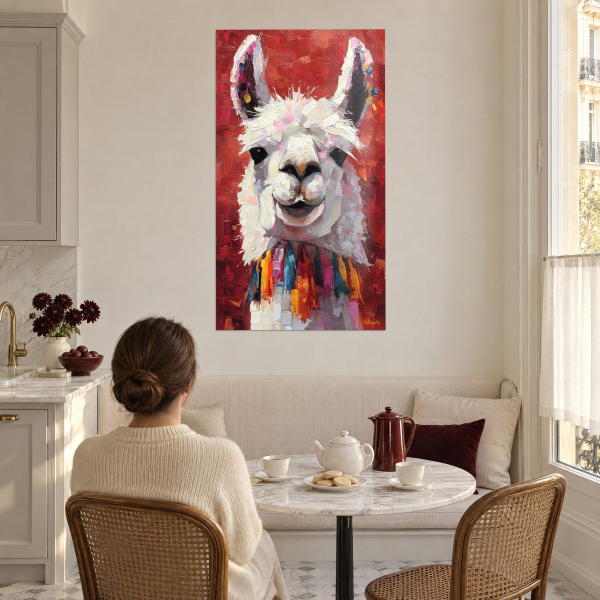 Cuadro cabeza de llama juguetona, lana blanca texturizada con espátula, fondo rojo intenso, pompones turquesa y azafrán, en una cocina haussmanniana