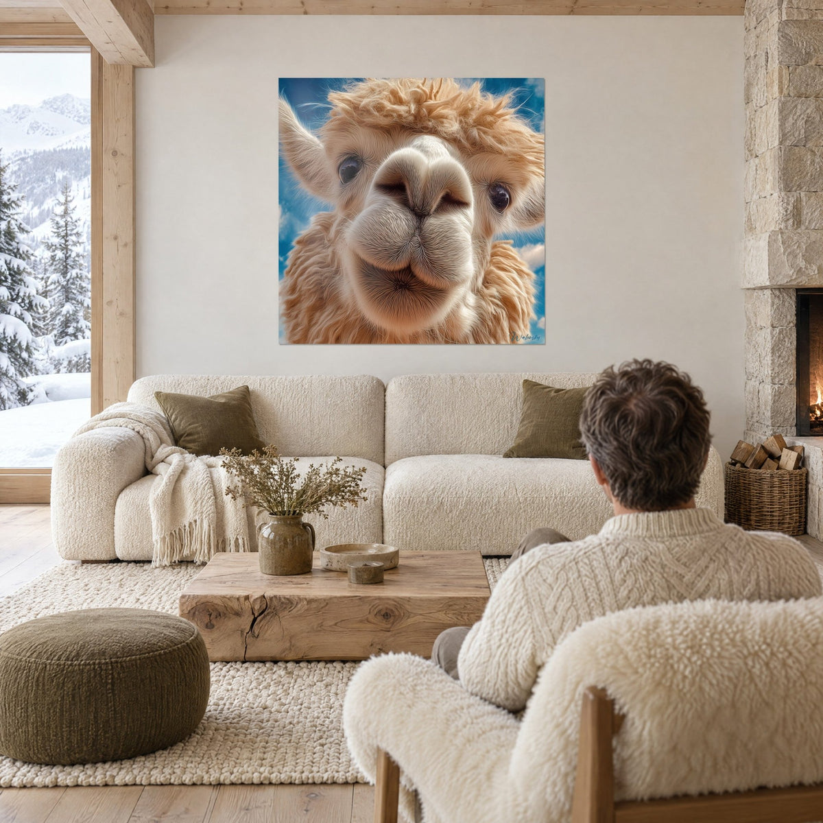 Quadro di lama beige con muso tondo e occhi scuri, cielo azzurro, criniera riccia color crema, sopra un divano in un soggiorno luminoso