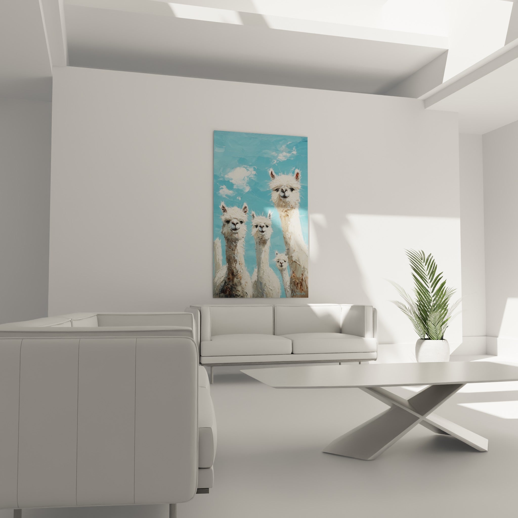 Famille de lamas beige et blanc au regard doux, suspendue au-dessus d'un canapé dans un salon lumineux