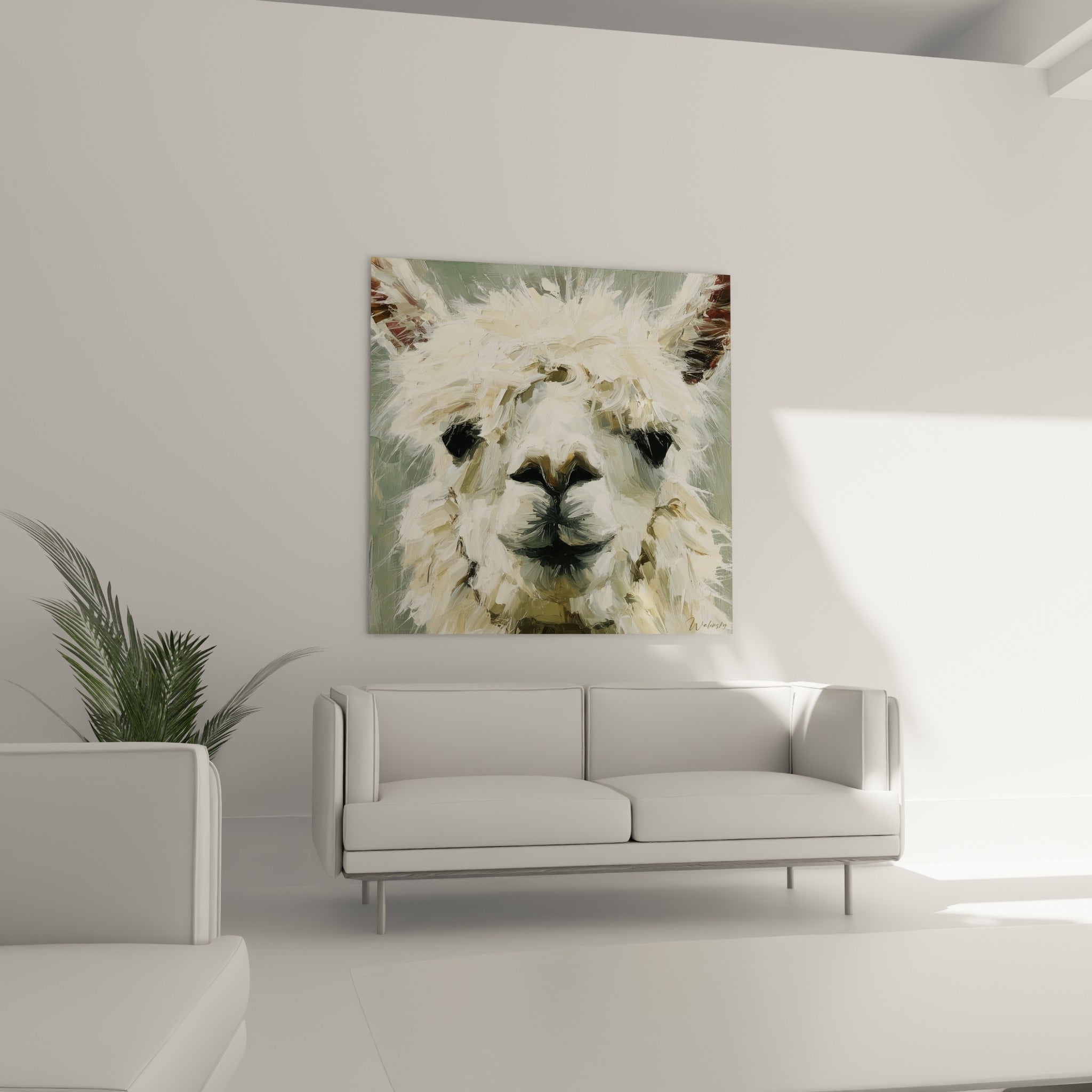 Visage de lama blanc et vert sauge au-dessus d'un canapé dans un salon lumineux