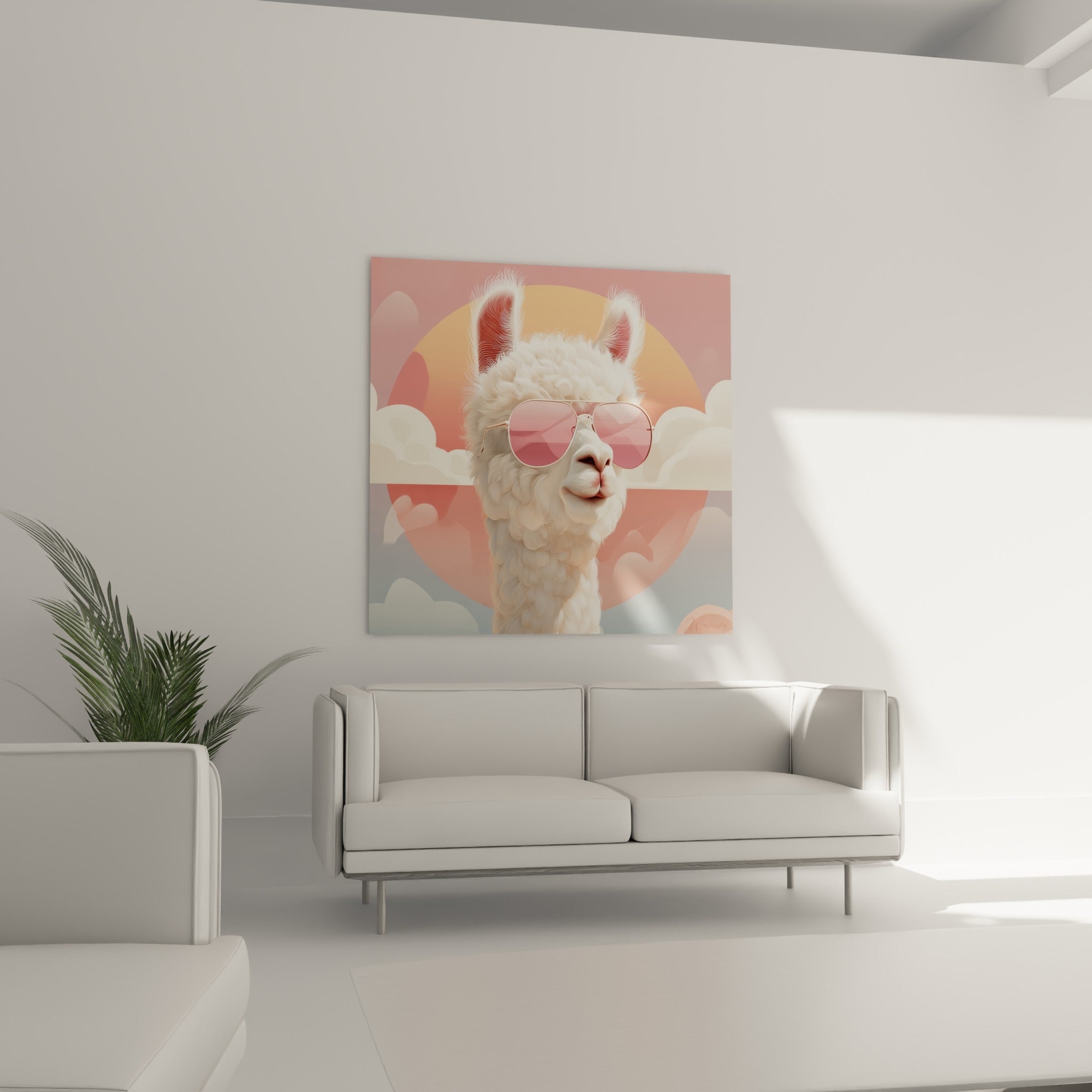 Regard du lama derrière ses verres roses au-dessus d'un canapé dans un salon lumineux