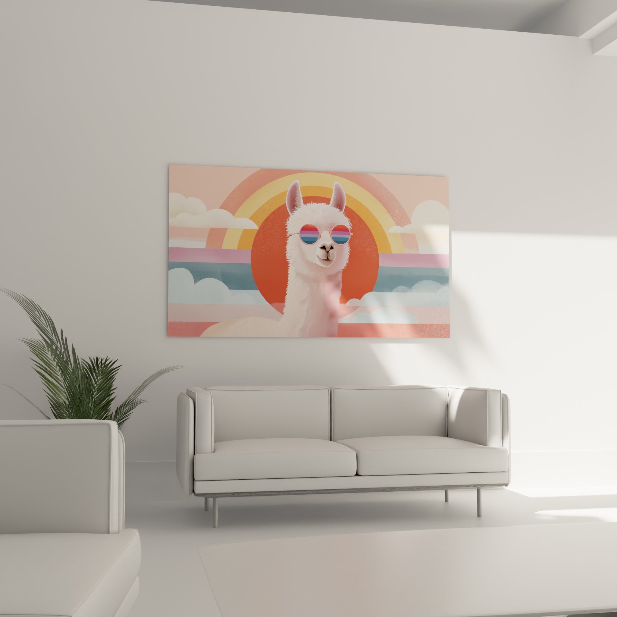 Portrait de lama rose et turquoise placé au-dessus d'un canapé dans un salon lumineux