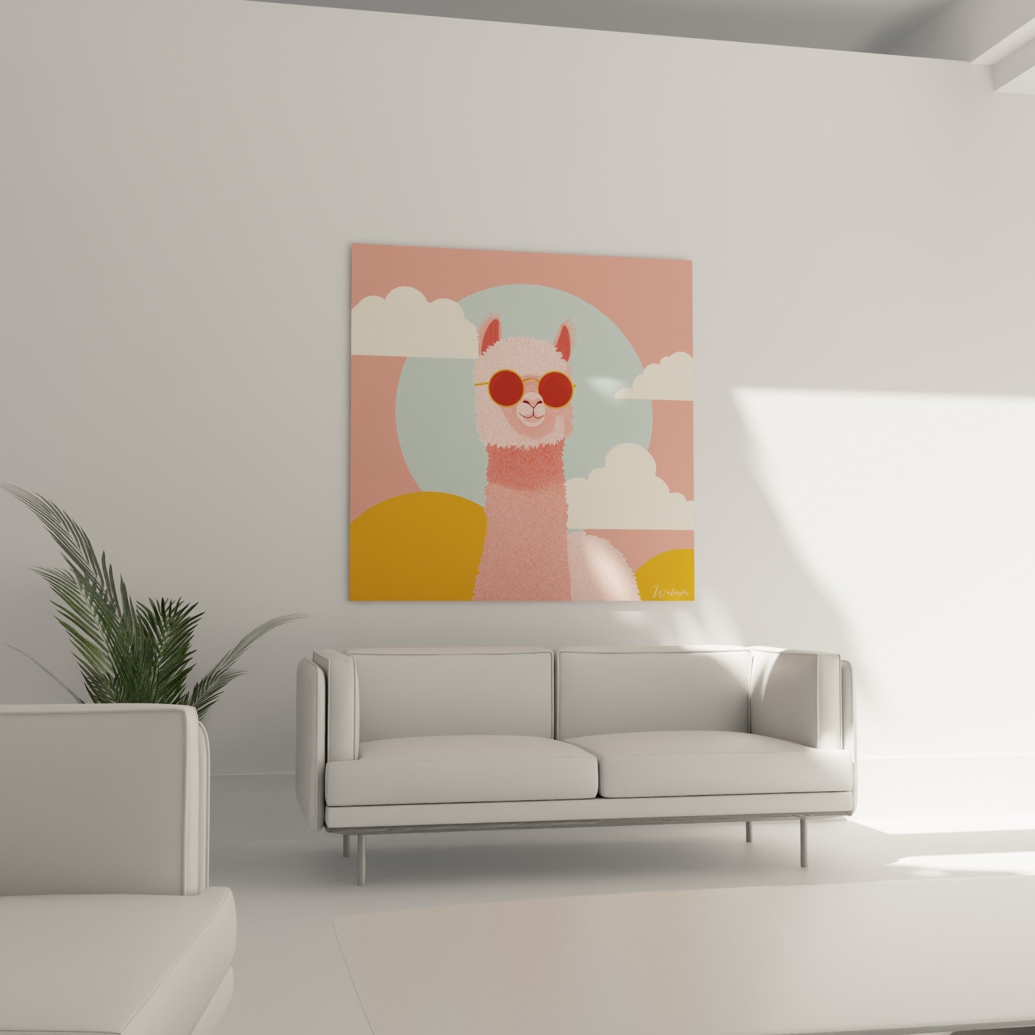 Lama souriant en lunettes de soleil, teintes rose saumon et bleu pastel, au-dessus d'un canapé dans un salon lumineux