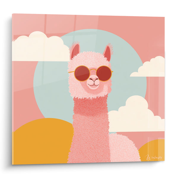 Tableau Lama rose et corail lunettes rondes - Cercle pastel et nuages - Edition Lama