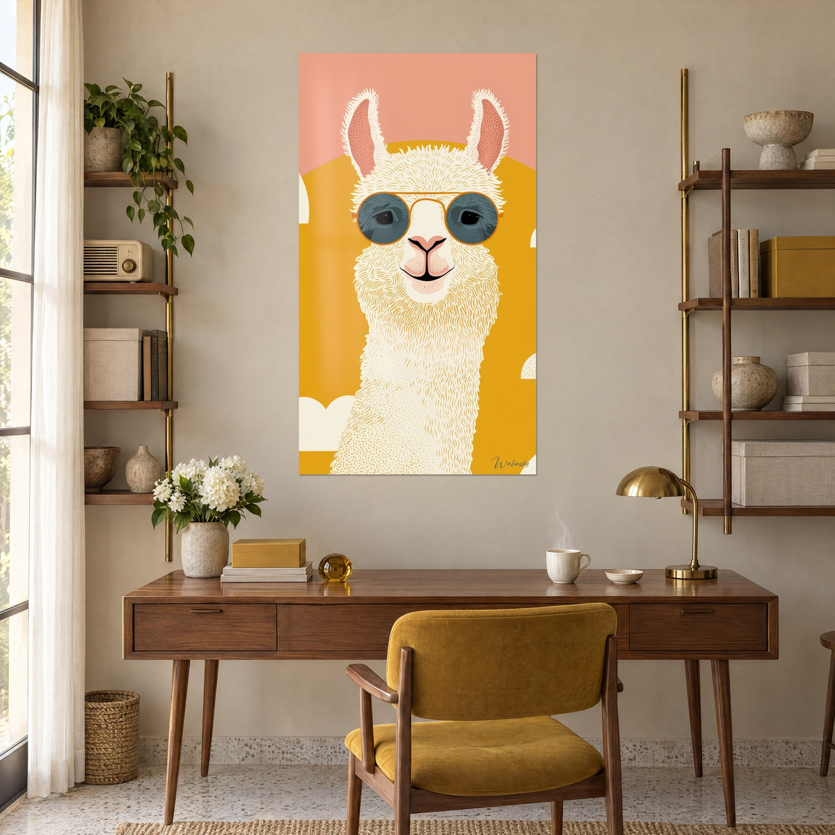 Cuadro de una llama cool en retrato, gafas redondas azul pizarra, amarillo mostaza y rosa, encima de un escritorio de madera y un sillón mostaza