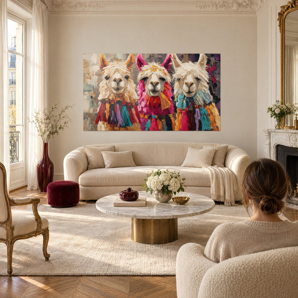Cuadro trío de llamas de pelaje crema, con pompones fucsia y turquesa, empastes con espátula, sobre un sofá en un salón luminoso