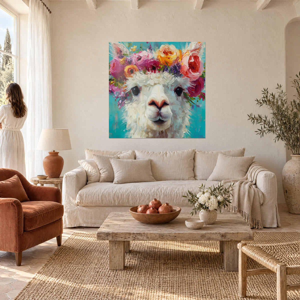 Quadro alpaca bianca incoronata di peonie rosa e arancio su sfondo turchese, sopra un divano in un soggiorno luminoso