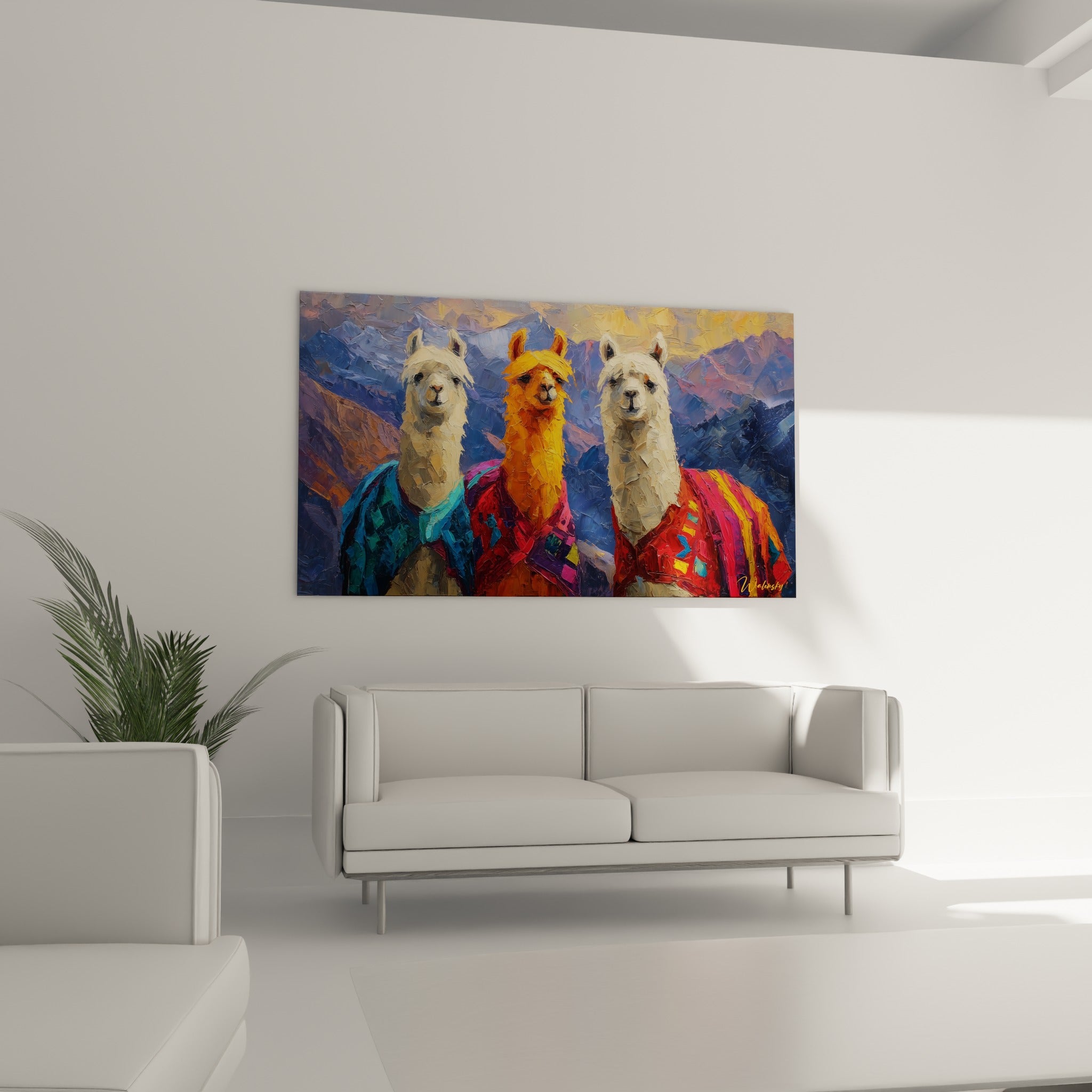 Trio de lamas aux couleurs vives rouge et safran disposé au-dessus d'un canapé dans un salon lumineux