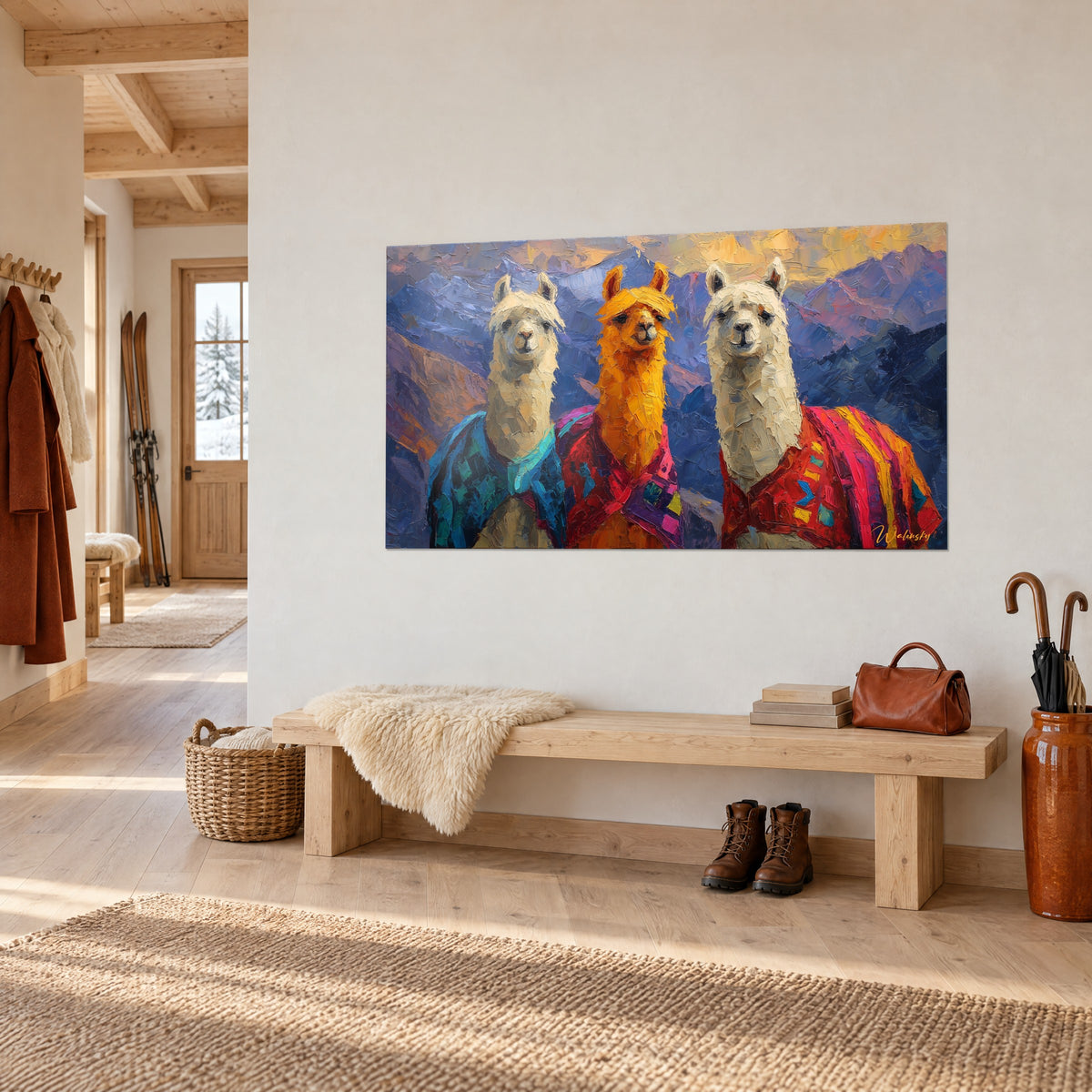 Schilderij alpaca's met dikke wol in turquoise blauw en felrood, tegenover mauve bergen, boven een entreebankje
