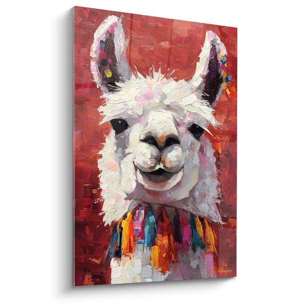 Tableau Lama blanc rouge et pompons colorés - Bonne humeur andine - Edition Lama