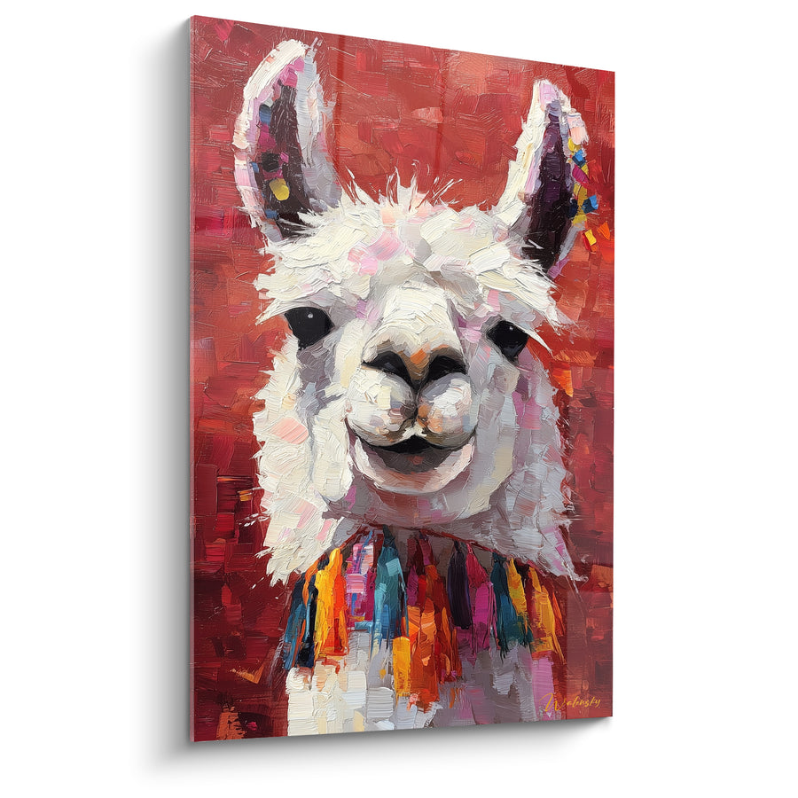 Tableau Lama blanc rouge et pompons colorés - Bonne humeur andine - Edition Lama