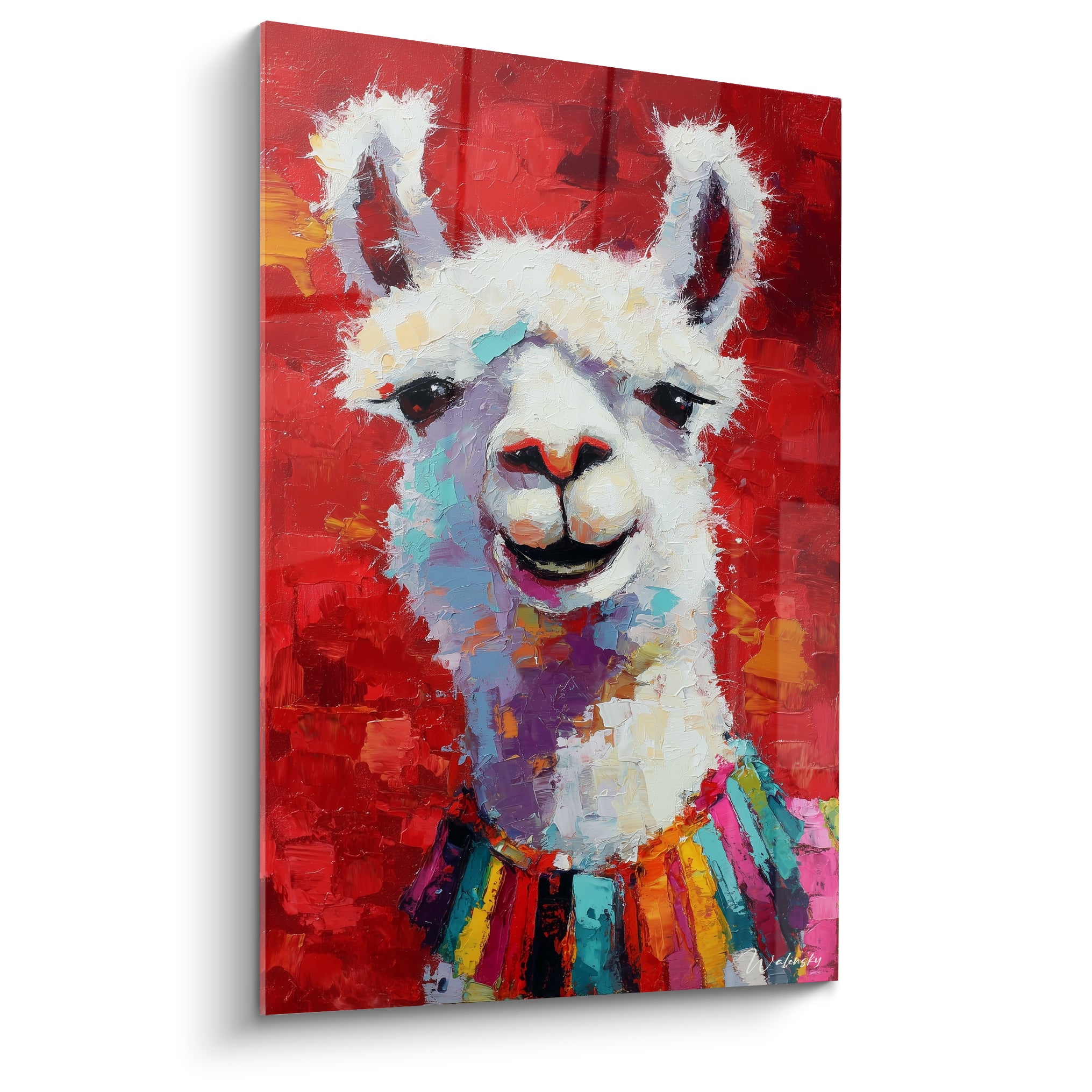 Lama souriant au pelage blanc et fond rouge écarlate, touches turquoise et écharpe multicolore