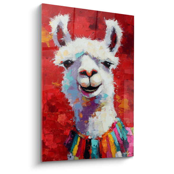 Tableau Lama blanc rouge écharpe multicolore - Sourire éclatant - Edition Lama