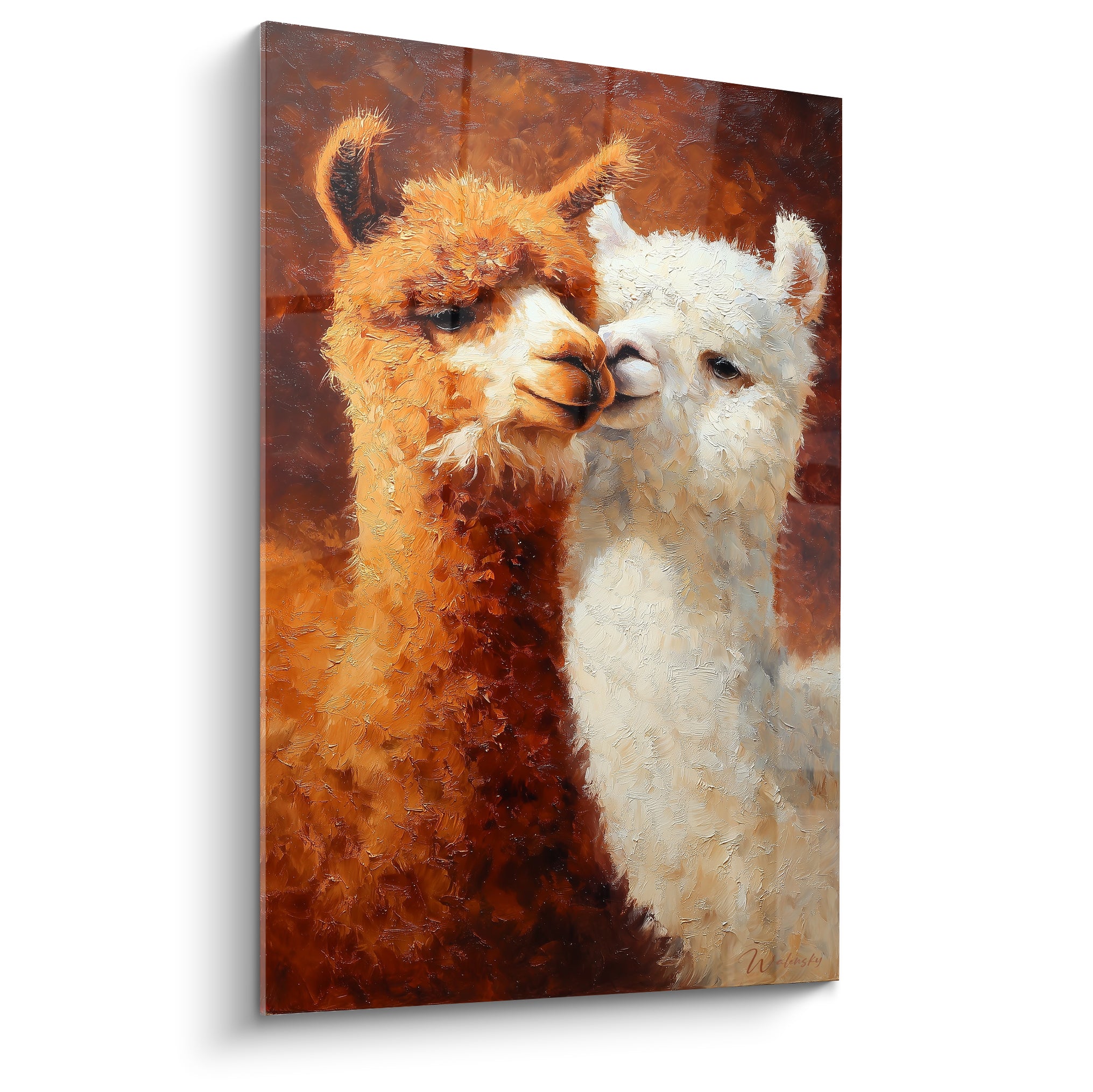 Lamas roux et blanc museaux rapprochés sur fond brun terracotta texturé et lumineux