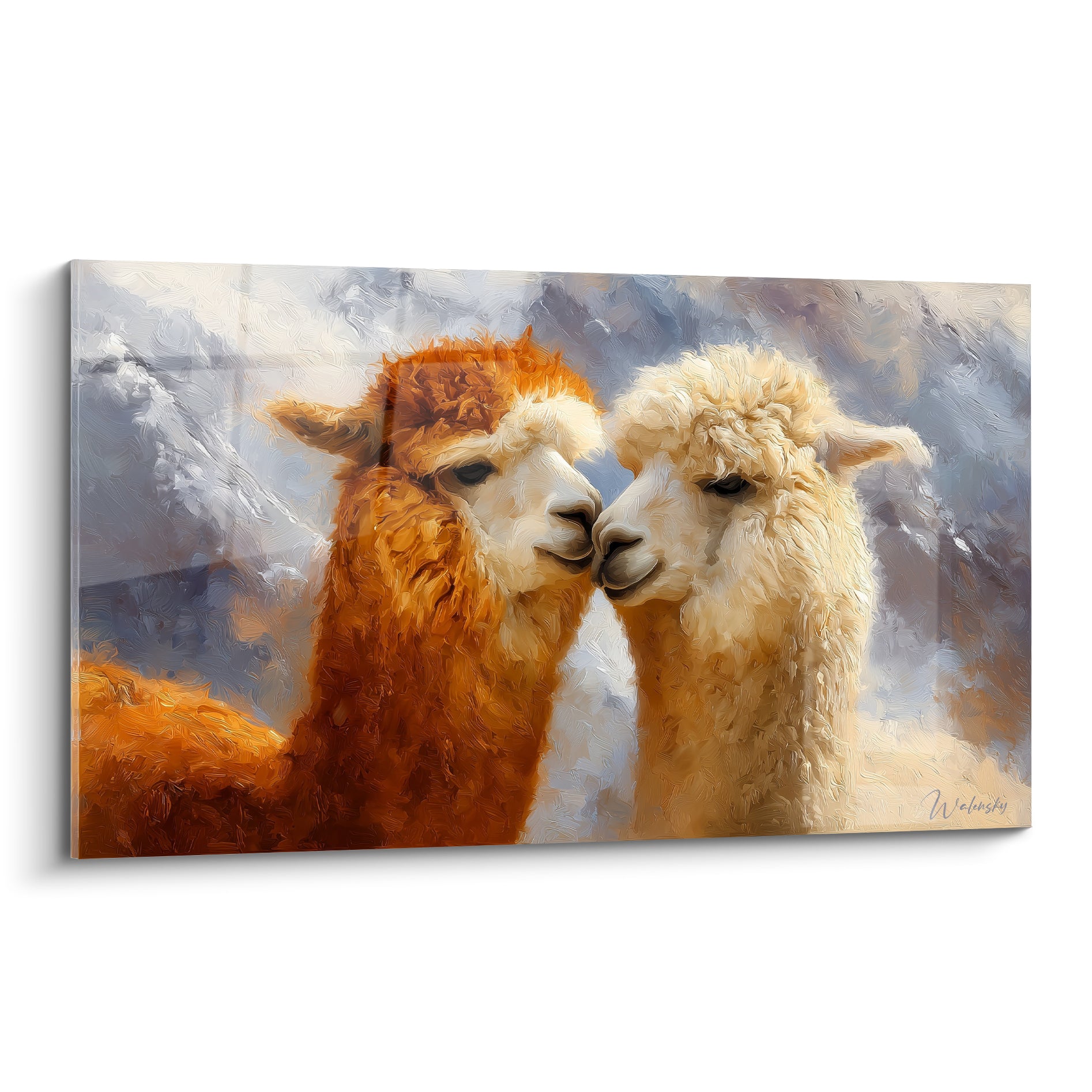 Lamas roux et blanc museaux joints, fond montagneux bleu gris peint en touches épaisses