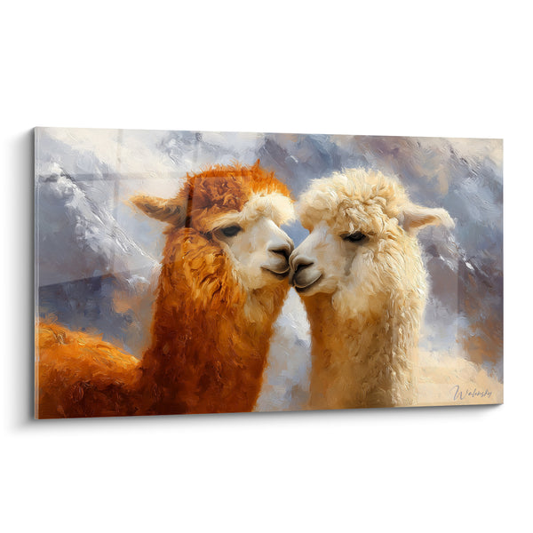 Tableau Duo roux et blanc museaux enlacés - Montagnes enneigées en arrière-plan - Edition Lama