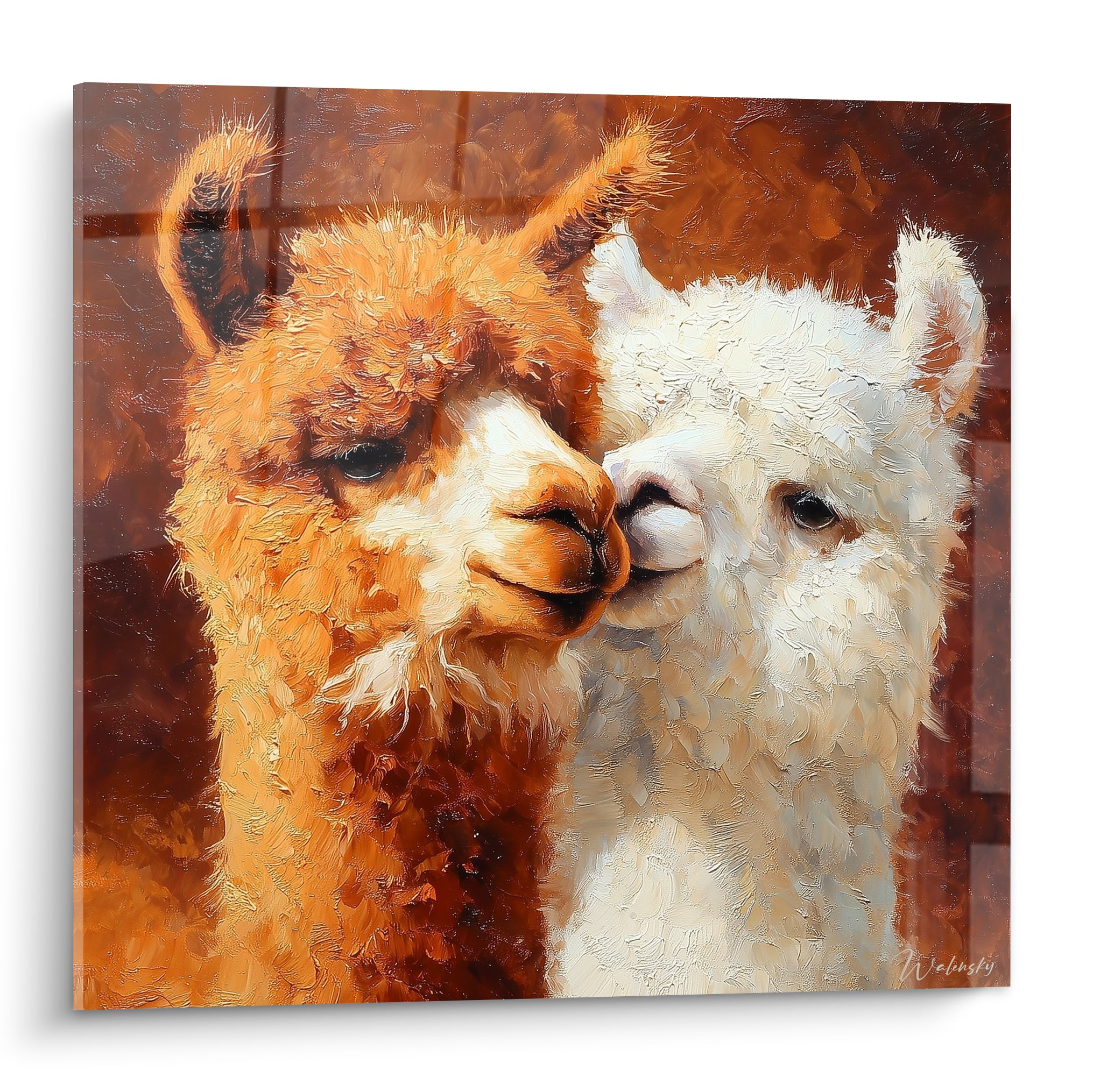 Lamas roux et blanc museaux joints, pelage texturé aux tons cuivrés et crème sur fond brun