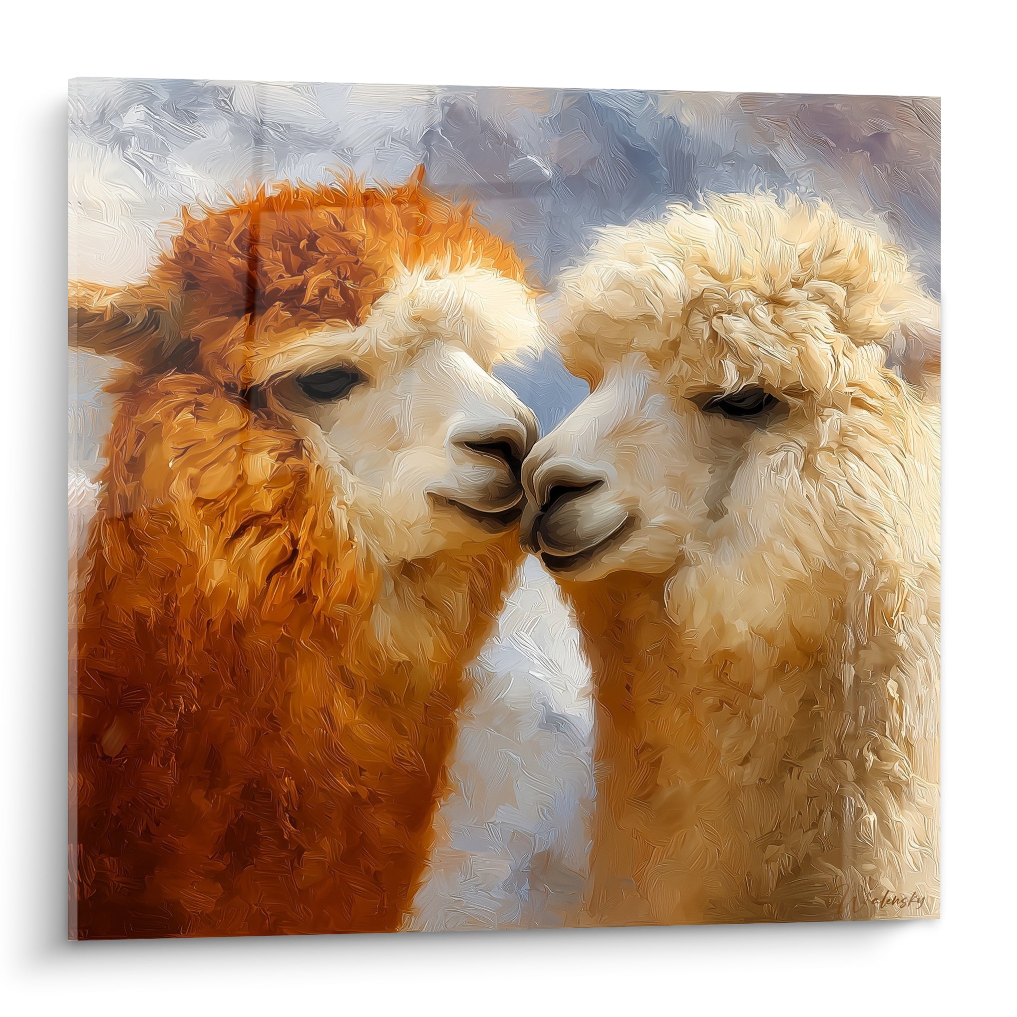 Lamas roux et crème museaux joints, peinture texturée aux empâtements terracotta et beige