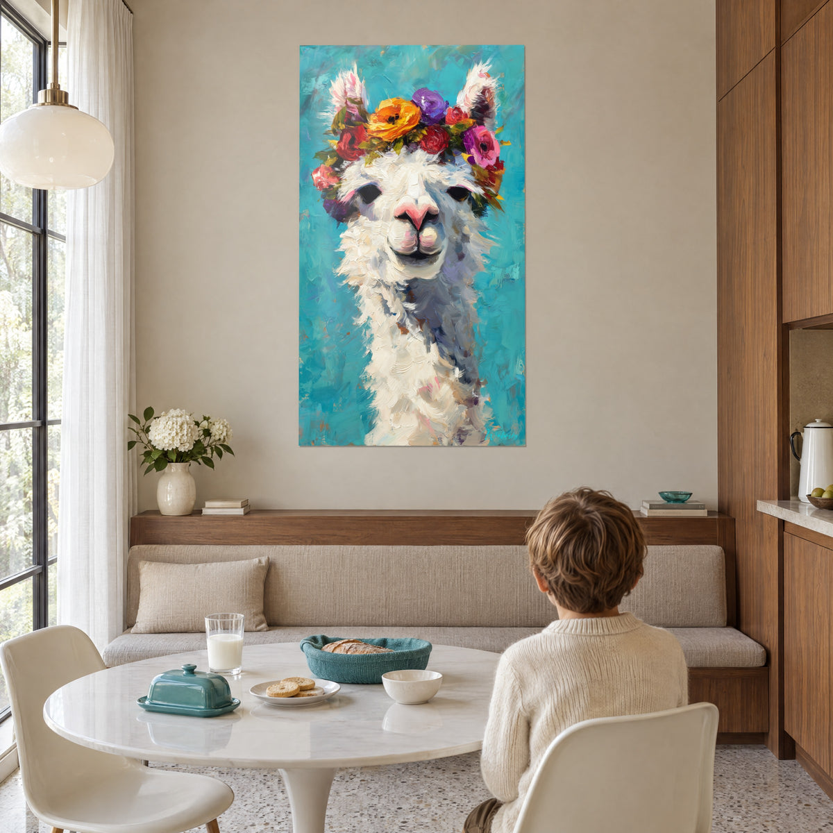 Cuadro llama sonriente en pintura gruesa, lana crema, flores rojas y violetas, fondo turquesa, en la pared de un comedor con mesa redonda blanca