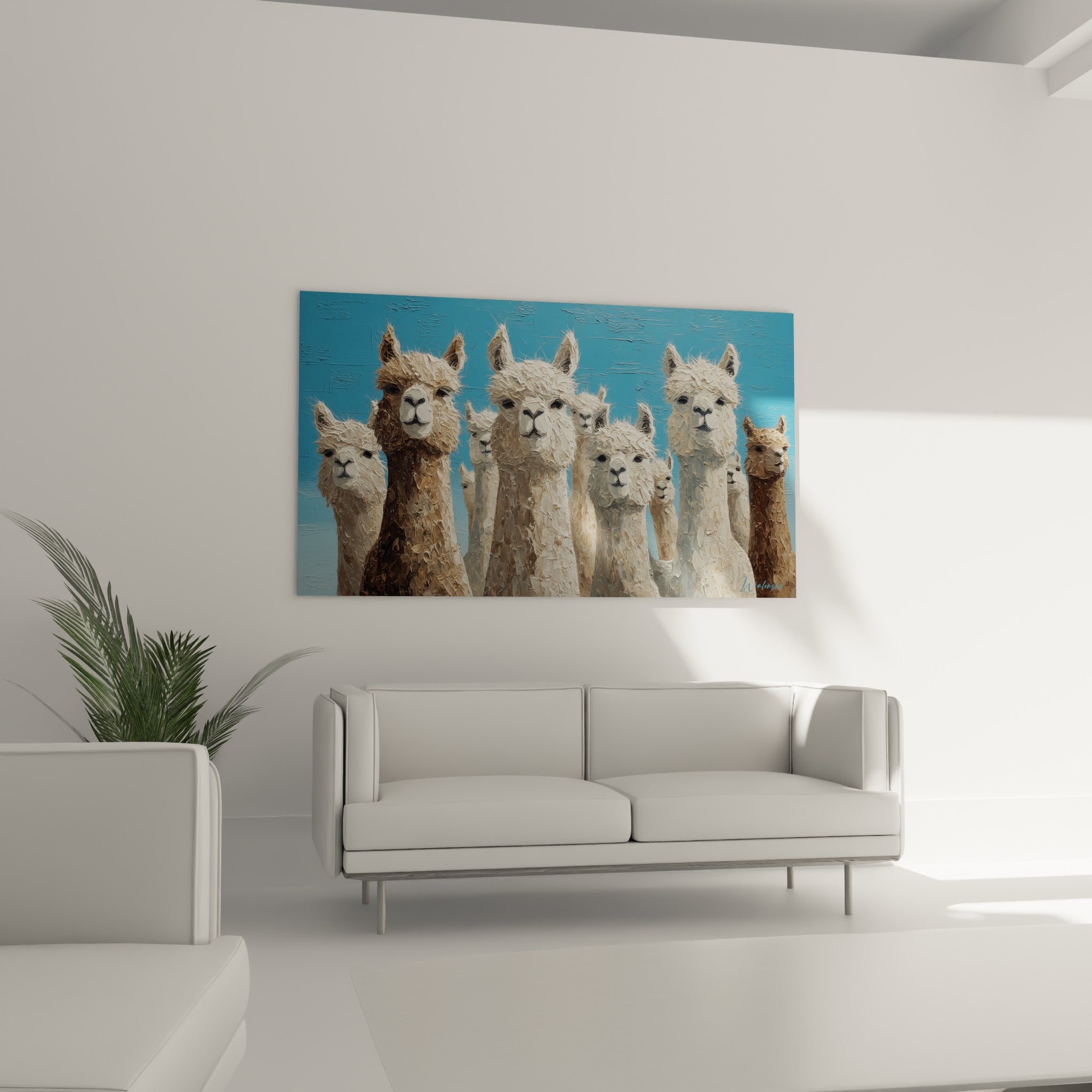 Groupe de lamas blancs et bruns au-dessus d'un canapé dans un salon lumineux