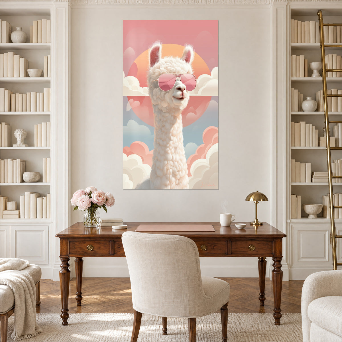 Tableau portrait de lama souriant, lunettes roses, nuages blancs et soleil abricot, entre bibliothèques blanches et bureau en bois
