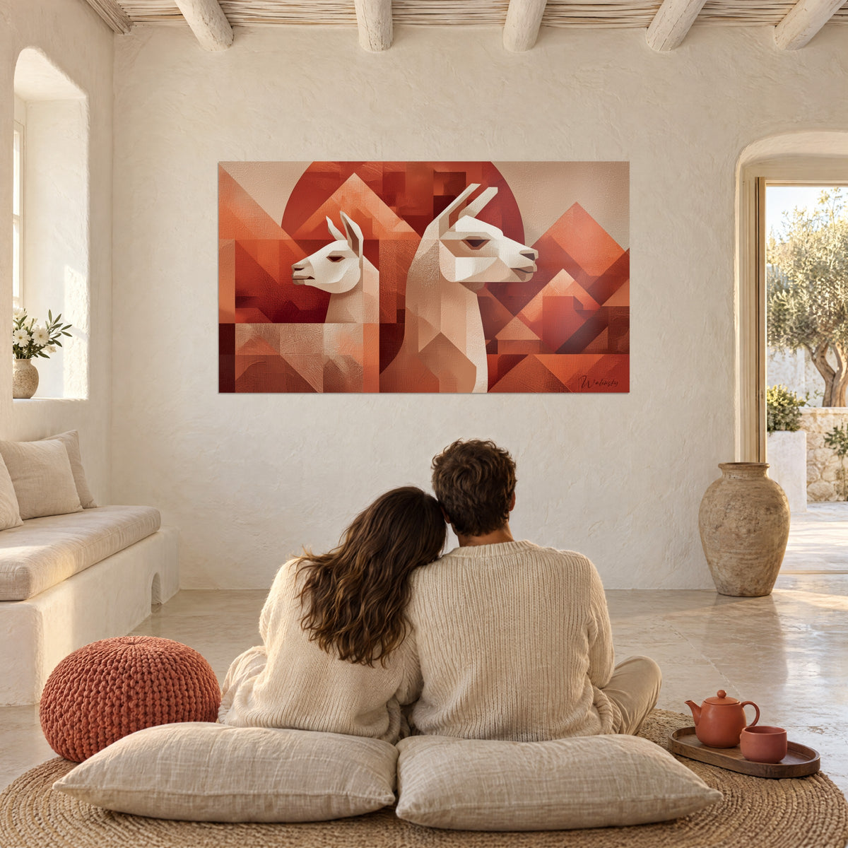 Schilderij hoekige witte lamakop voor een rode zon en oranje toppen, tegenover een stel zittend op kussens