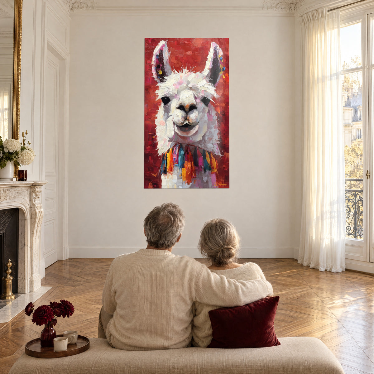 Cuadro llama alegre de lana marfil y pompones coloridos, fondo rojo ladrillo, frente a una pareja sentada de espaldas en un sofá, salón haussmanniano